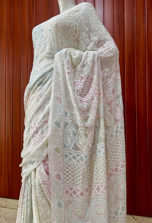 Ruhani Ivory Chikankari multicolored Cut Dana and Sequins Saree