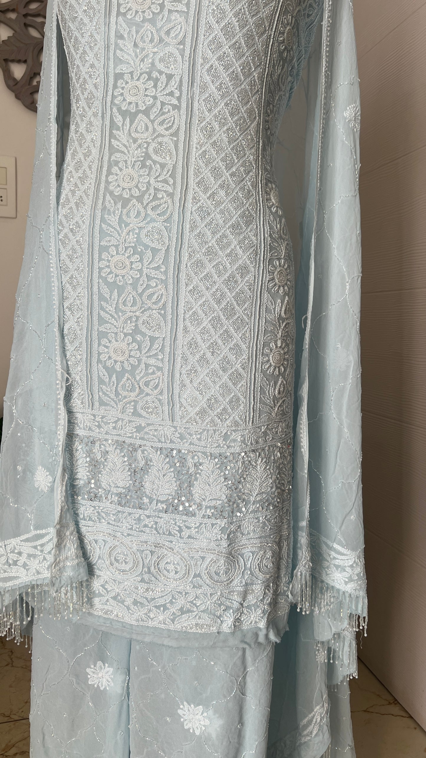 Sky Blue Chikankari cut dana and pearl work full suit
