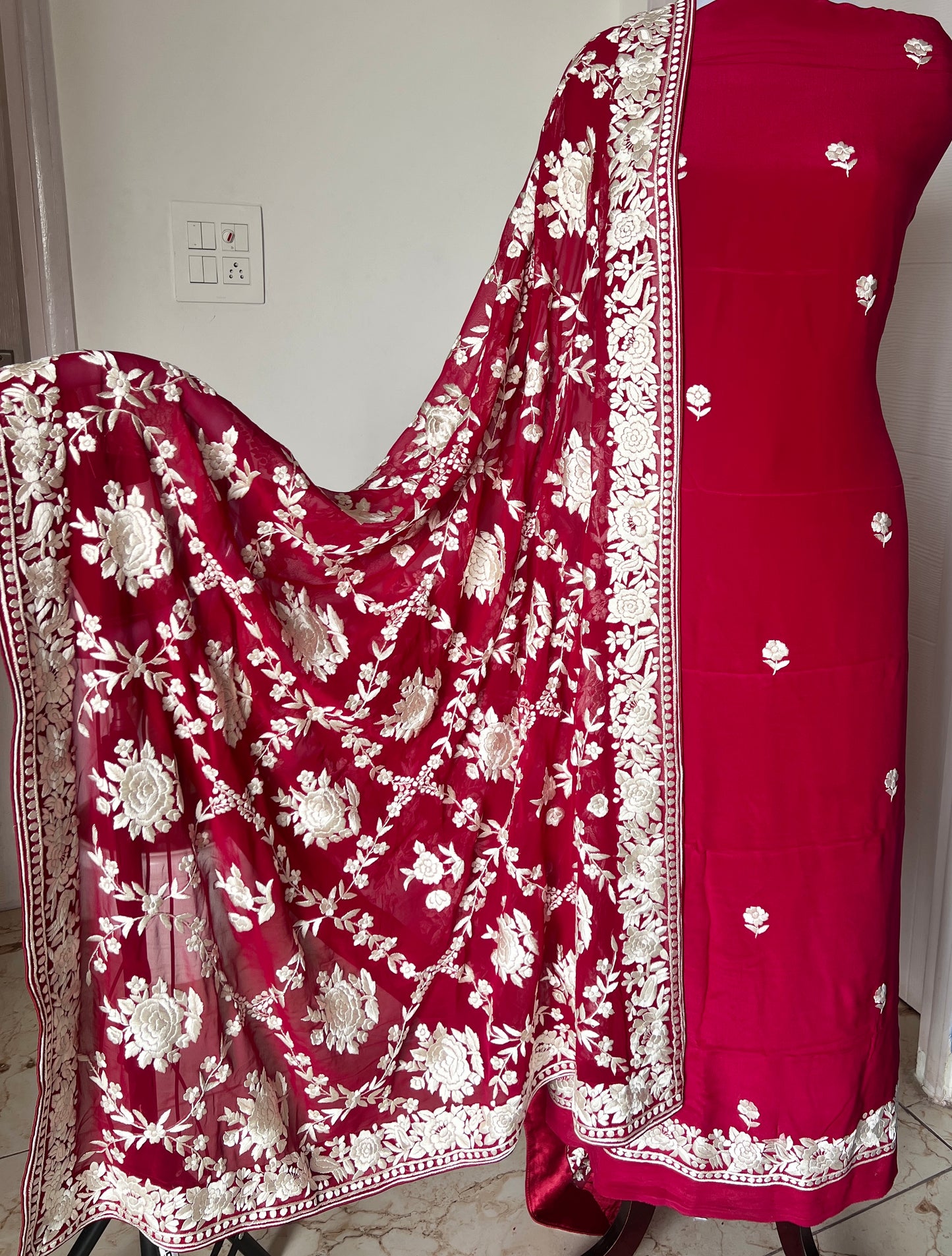 Ruby Red Masterpiece Hand Embroidered Parsi Gara full Suit
