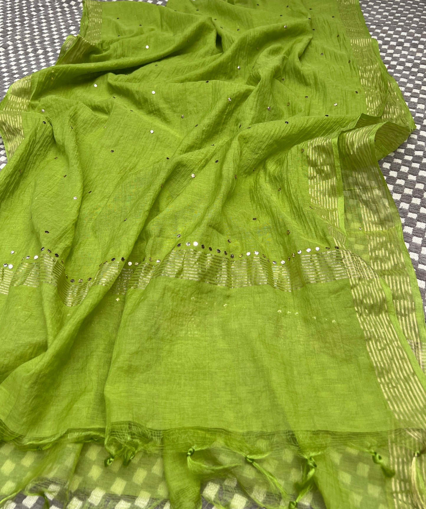 Green Mukaish work Mul Chanderi kurta with dupatta