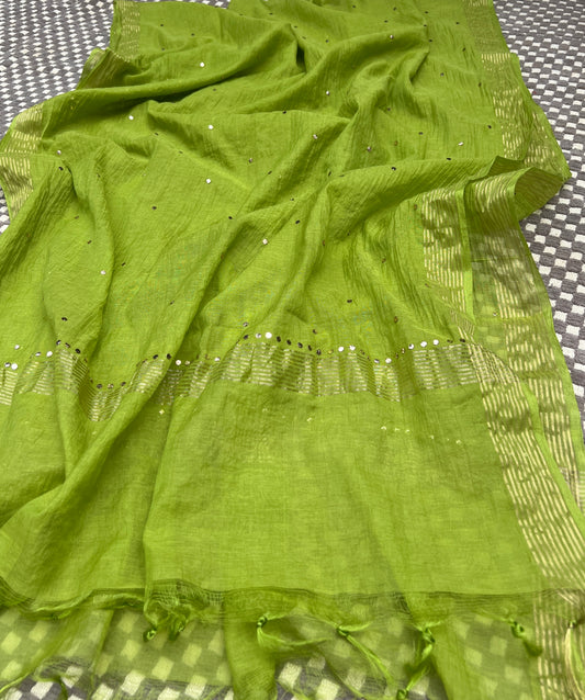 Green Mukaish work Mul Chanderi kurta with dupatta
