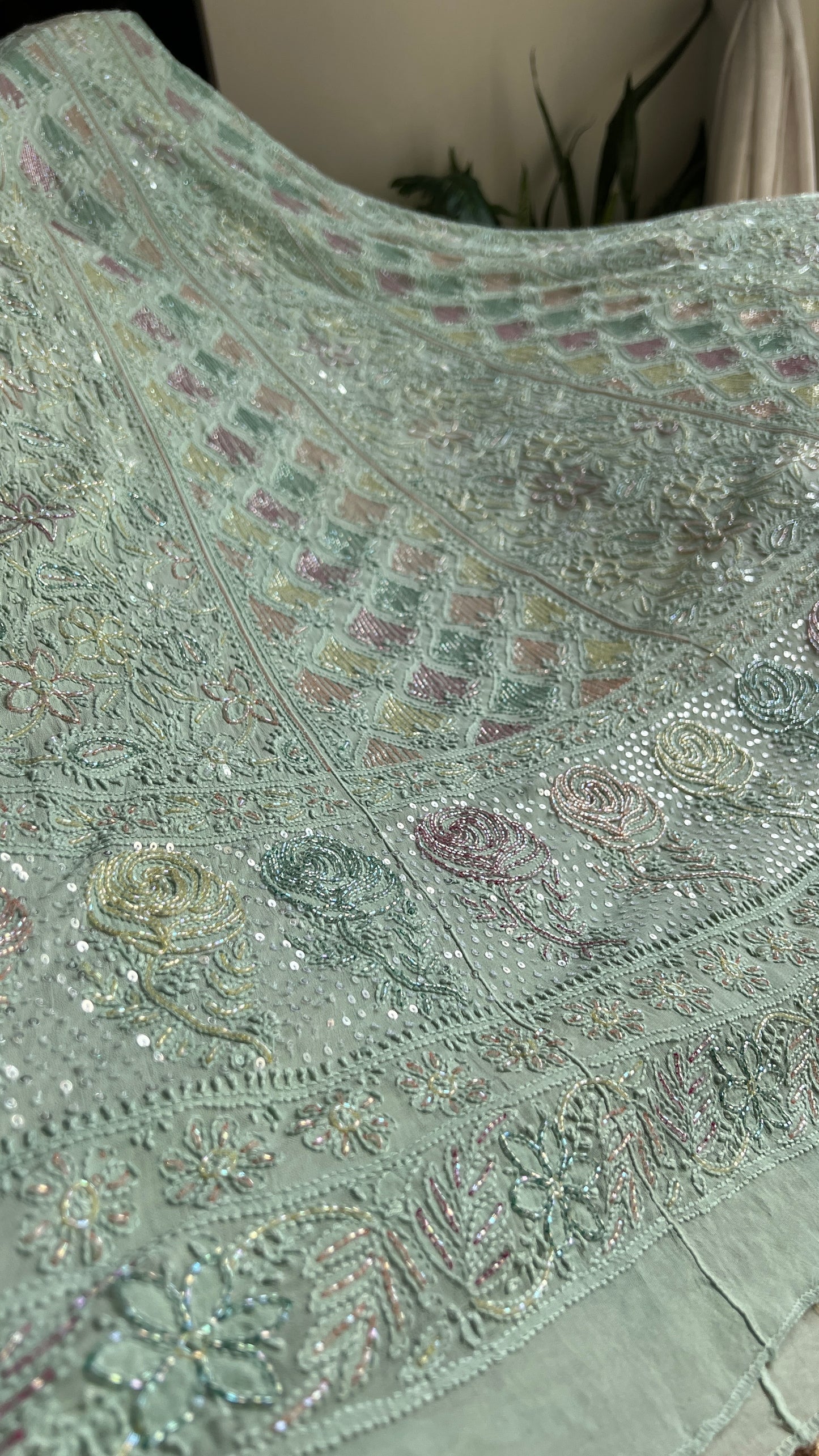 Mint green Chikankari multi Cut Dana Sequins Lehenga