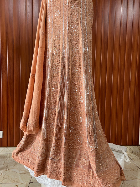 Rust brown Chikankari Pearl Sequins Anarkali with Dupatta