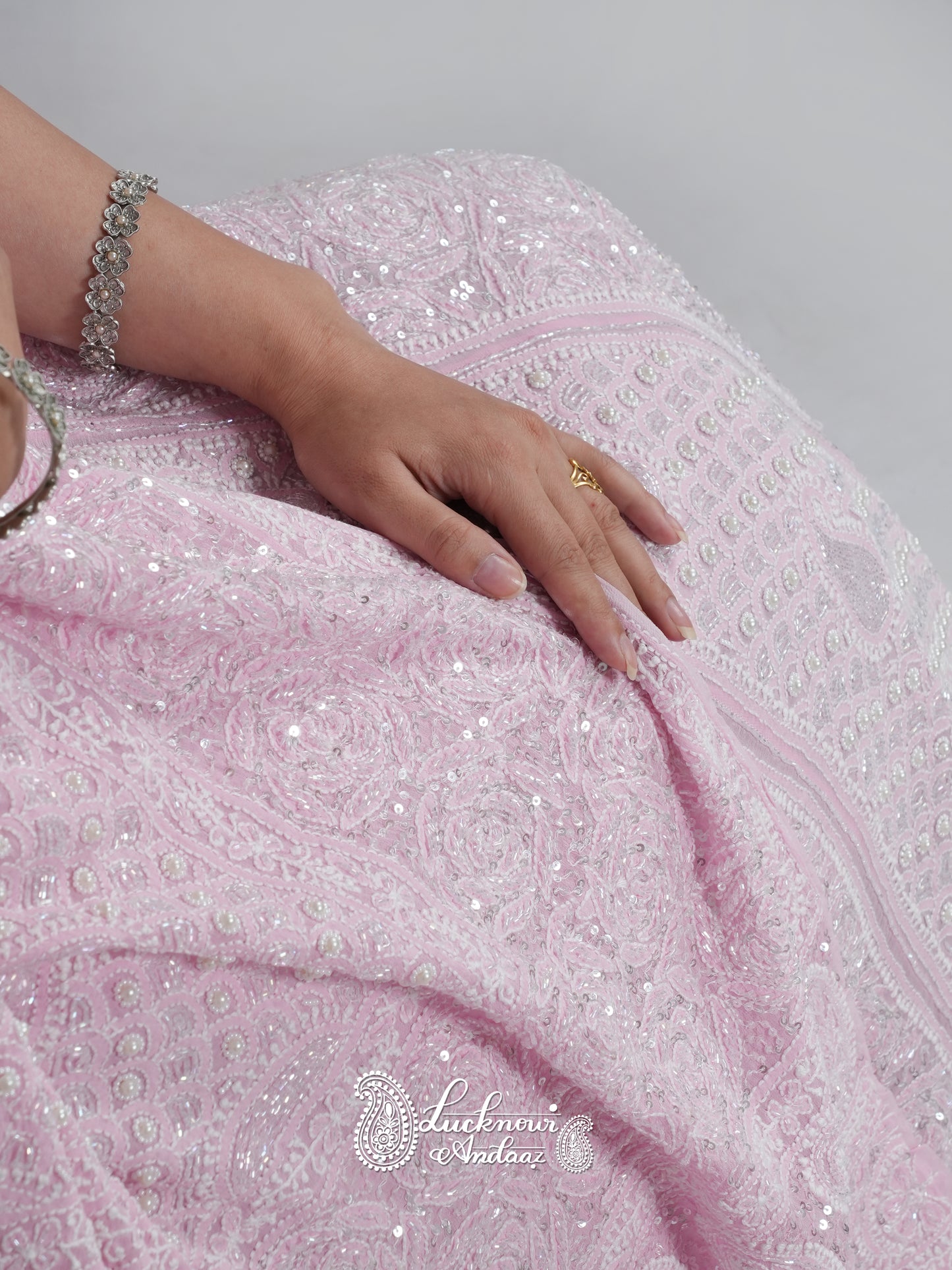 Ruhani Pink Chikankari Pearl Cut Dana Sequins Wedding Lehenga