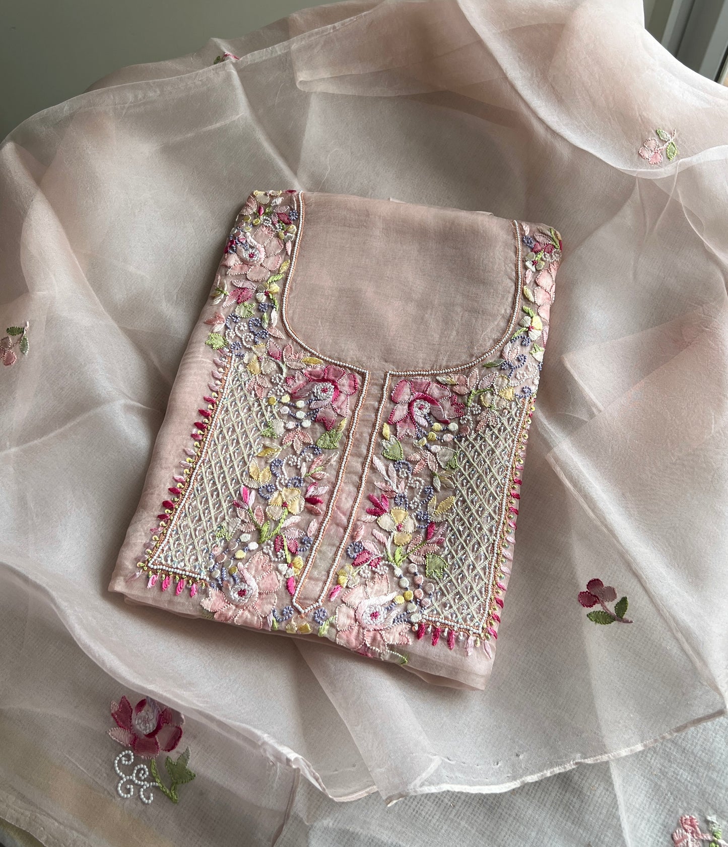 Nude pink Resham Chikankari pure Organza kurta with dupatta
