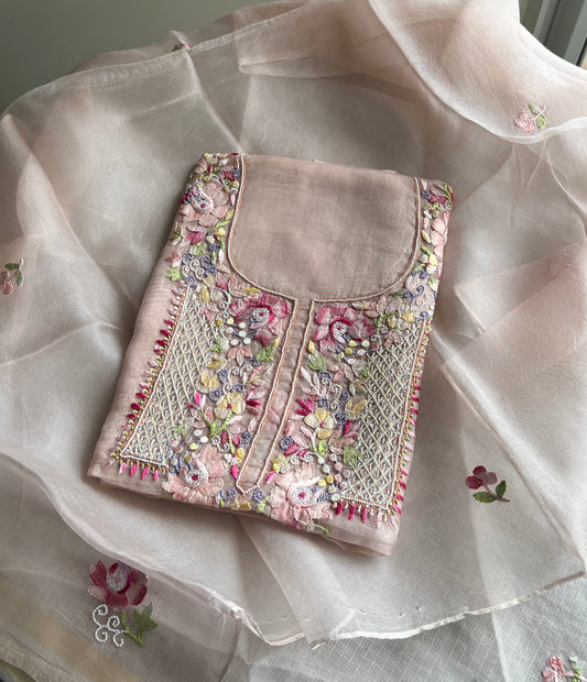 Nude pink Resham Chikankari pure Organza kurta with dupatta