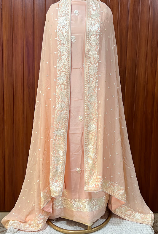 Blush peach Parsi Gara Hand Embroidered Full suit