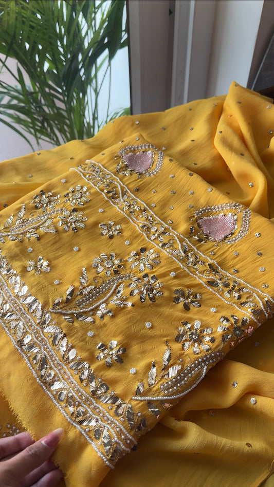 Ruhani Yellow Mukaish Cut dana and Pearl Embroidered Kurta & Dupatta Set