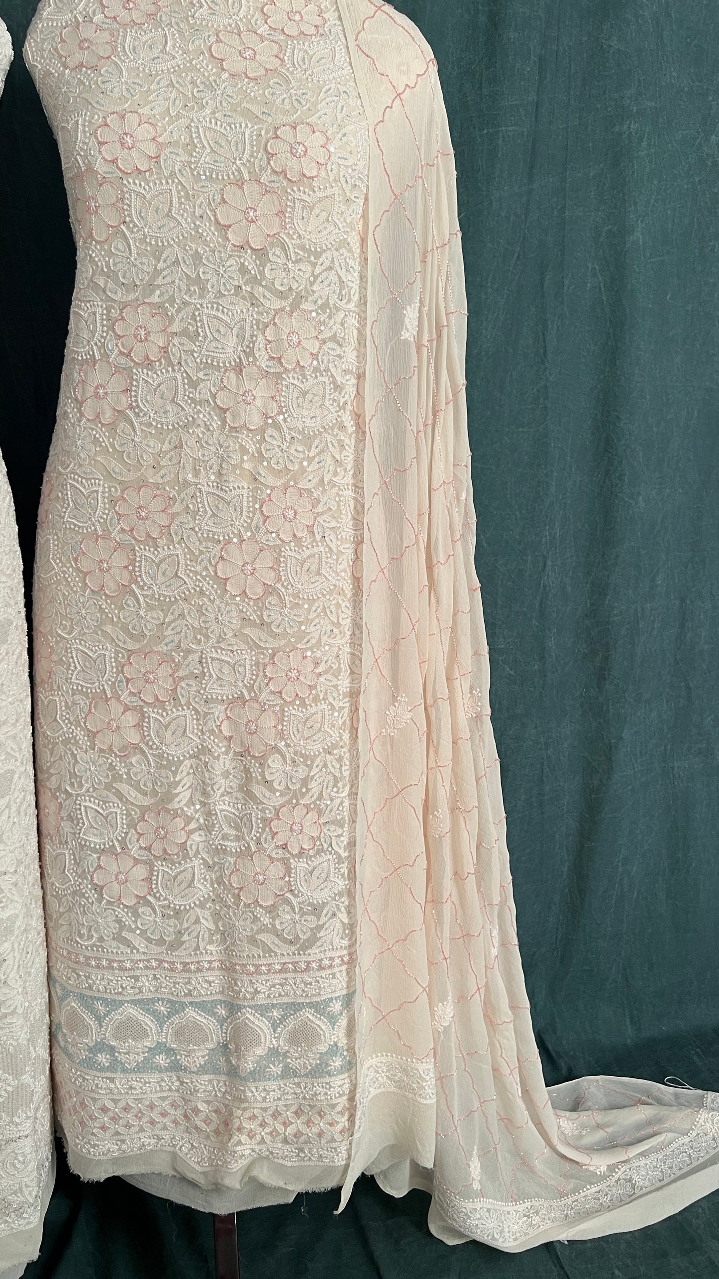 Cream pure chiffon Chikankari cut dana and sequins kurta and dupatta