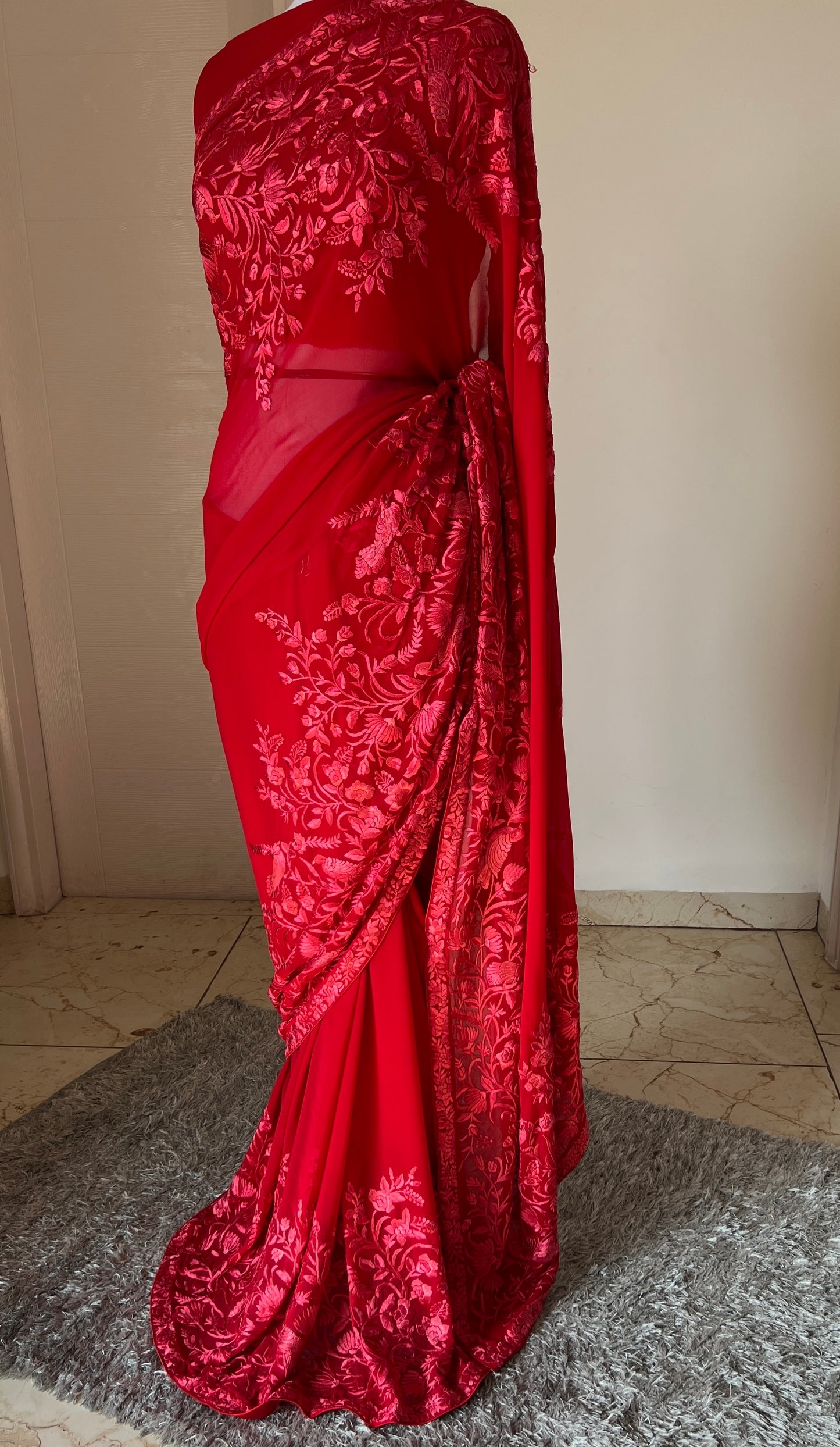 Roja Red pure georgette saree with parsi gara hand embroidery