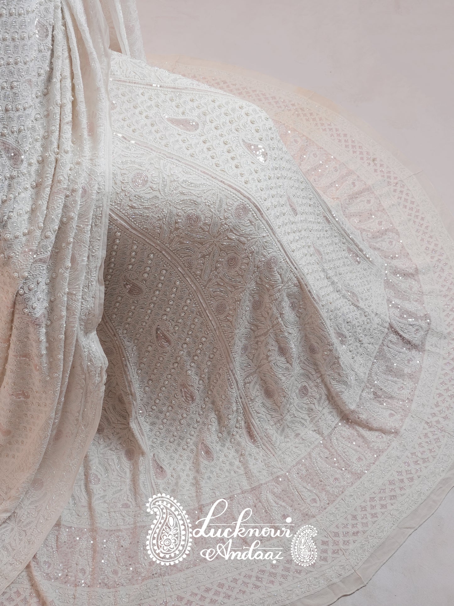 Ruhani Ivory Chikankari Pearl and Pink Cut Dana Sequins Wedding Lehenga