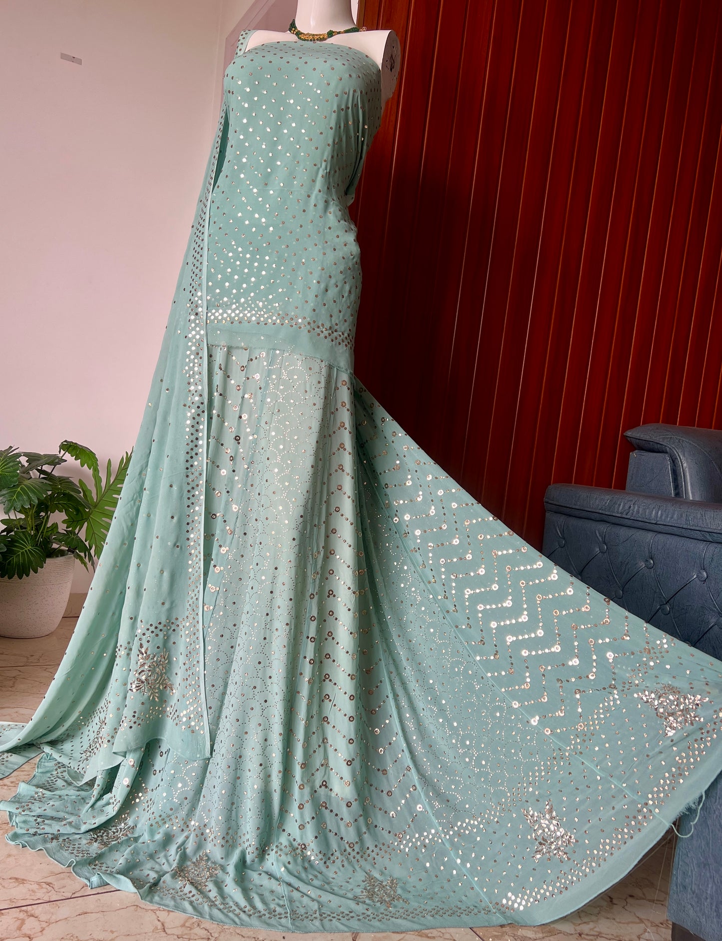 Ruhani Sage Green Allover Mukaish Lehenga Set