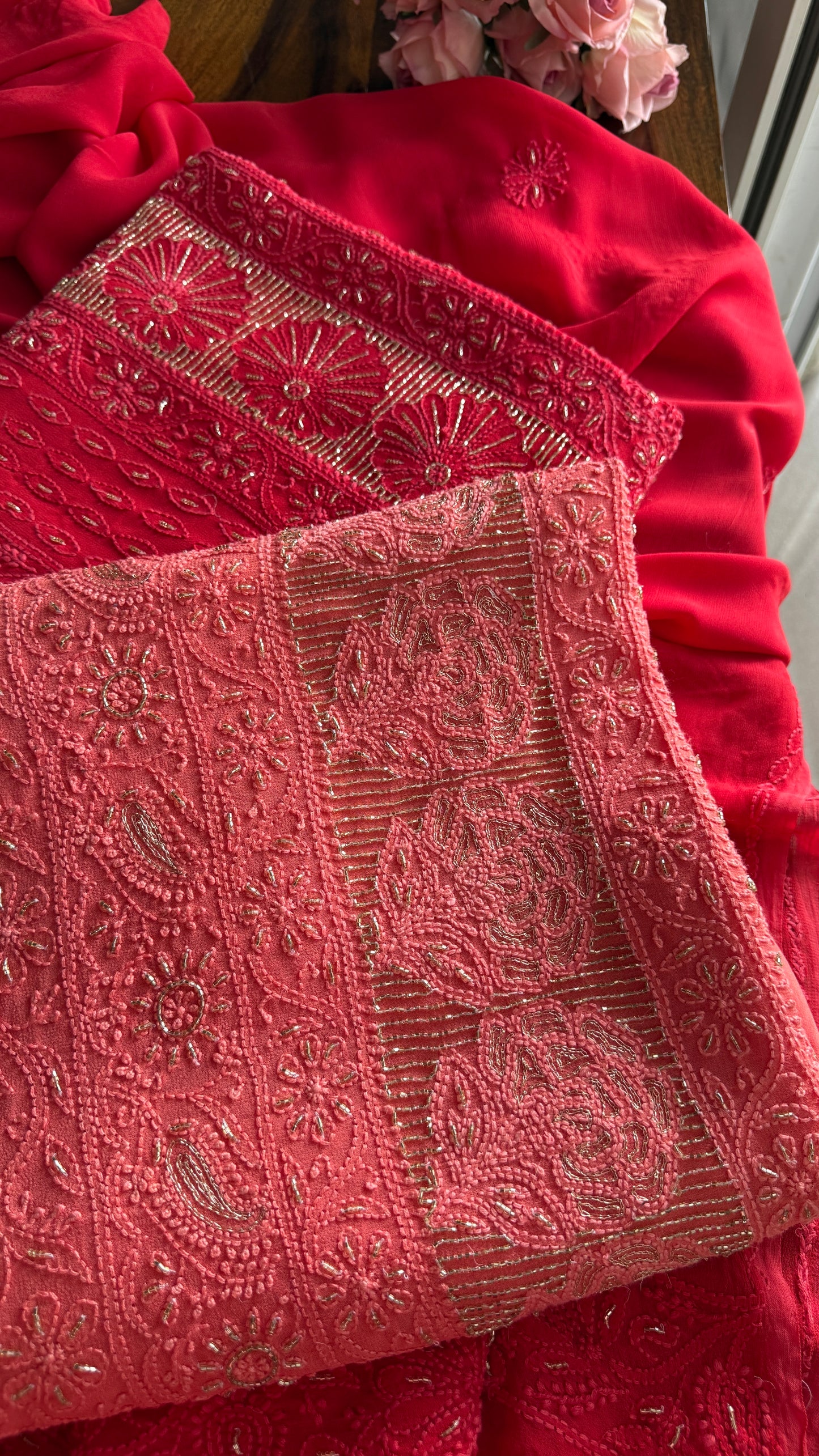 Coral Chikankari golden Cut Dana and aari work Kurta and Dupatta