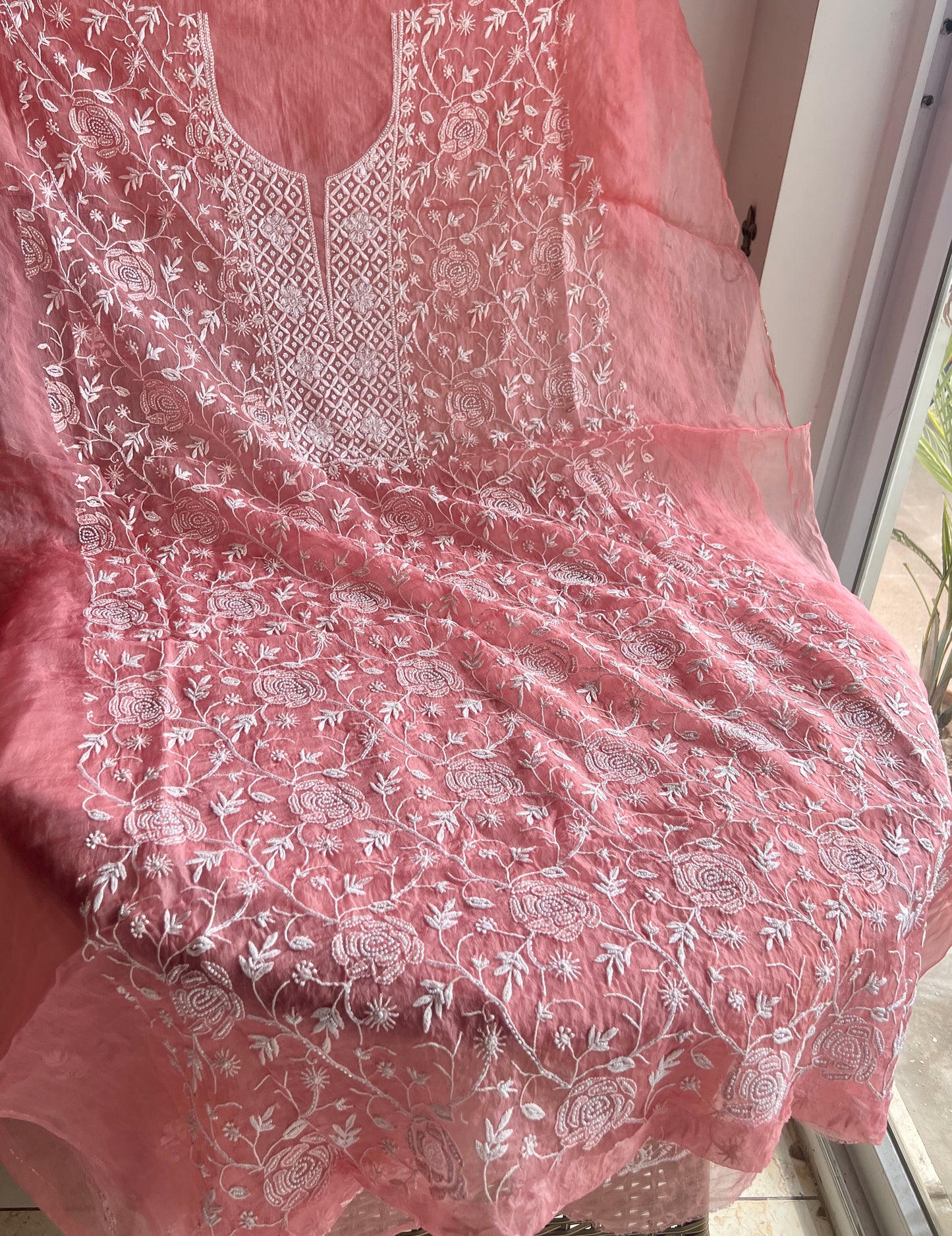 Gajri chikankari pearl cut Dana work pure Organza kurta with dupatta