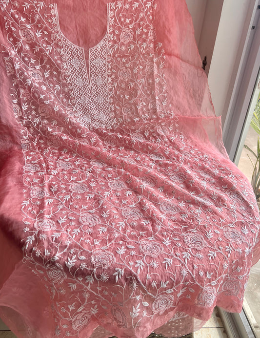 Gajri chikankari pearl cut Dana work pure Organza kurta with dupatta