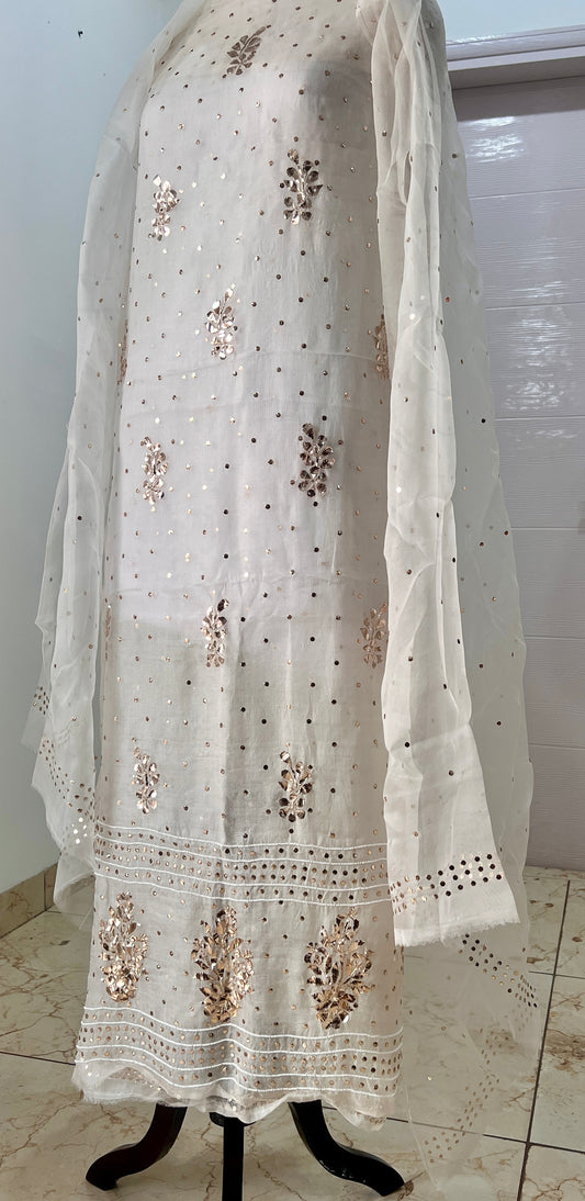 Ivory Badla Mukaish and pearl work pure Organza kurta with dupatta