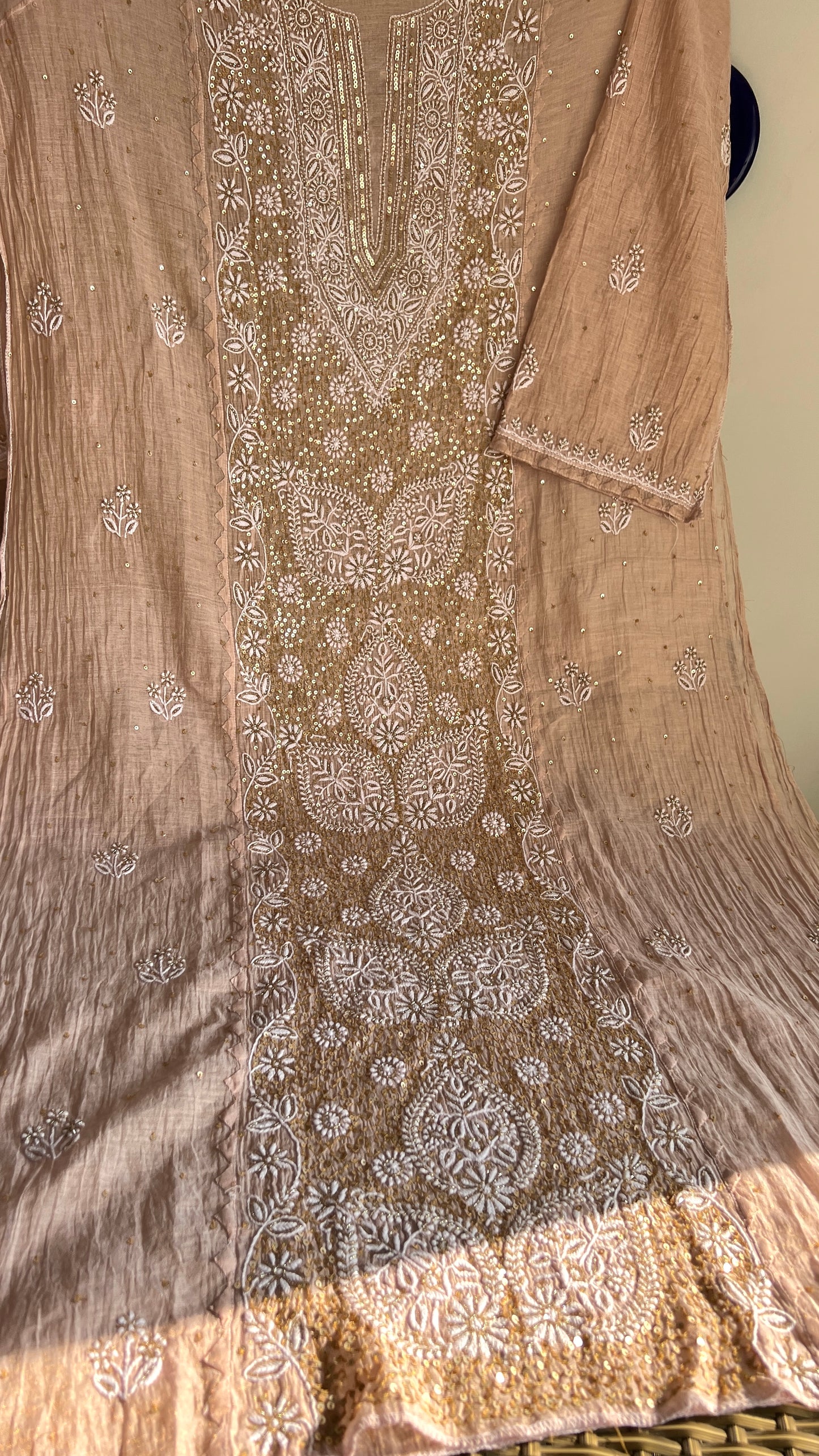 Tissue Silk Chikankari golden cut dana sequins kurta and dupatta