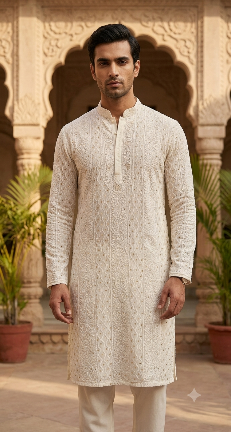 Ivory Pure Georgette Allover Chikankari and Mukaish Men's Kurta Fabric