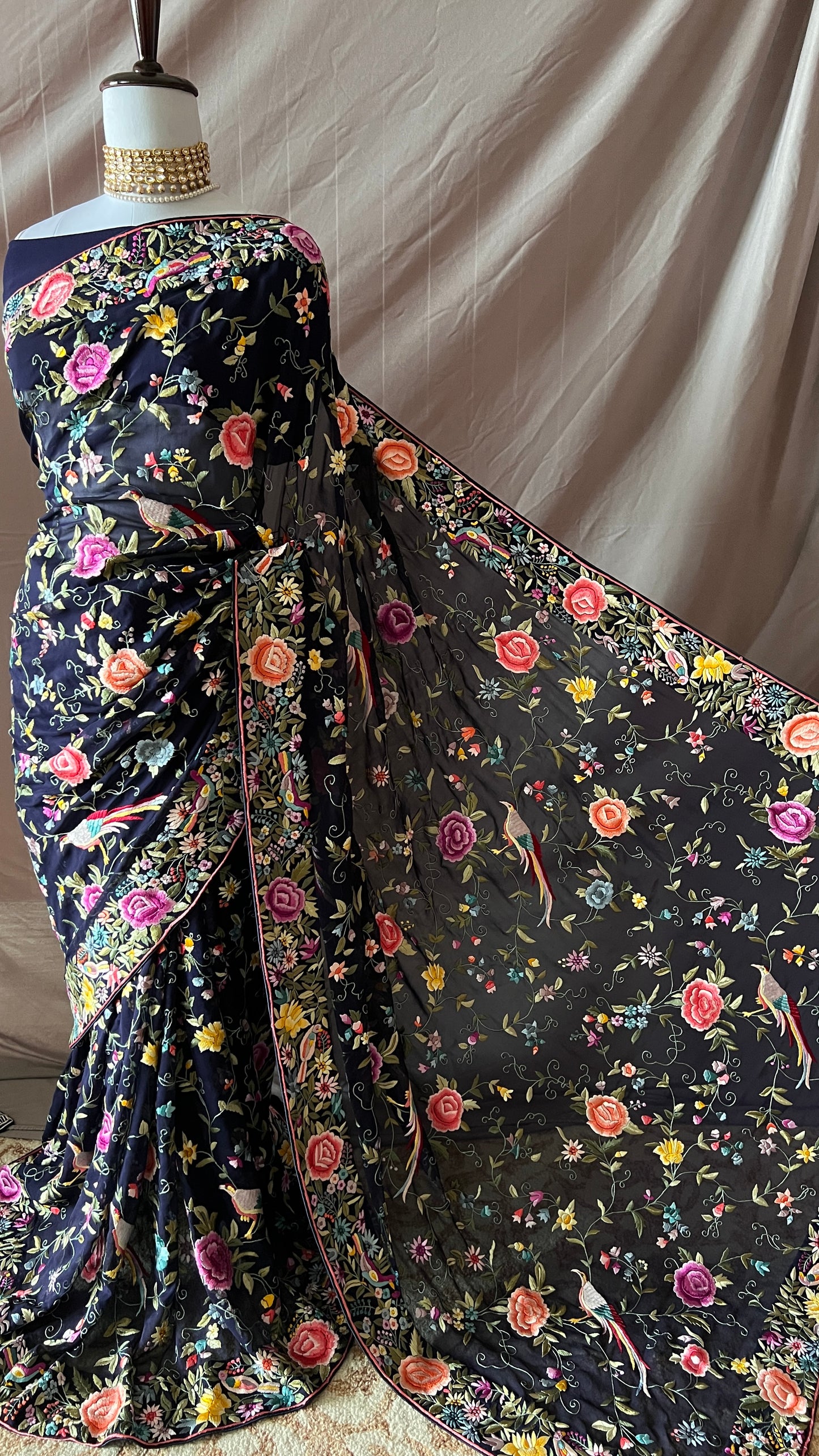 Midnight Blue Masterpiece Parsi Gara Pure Georgette Saree