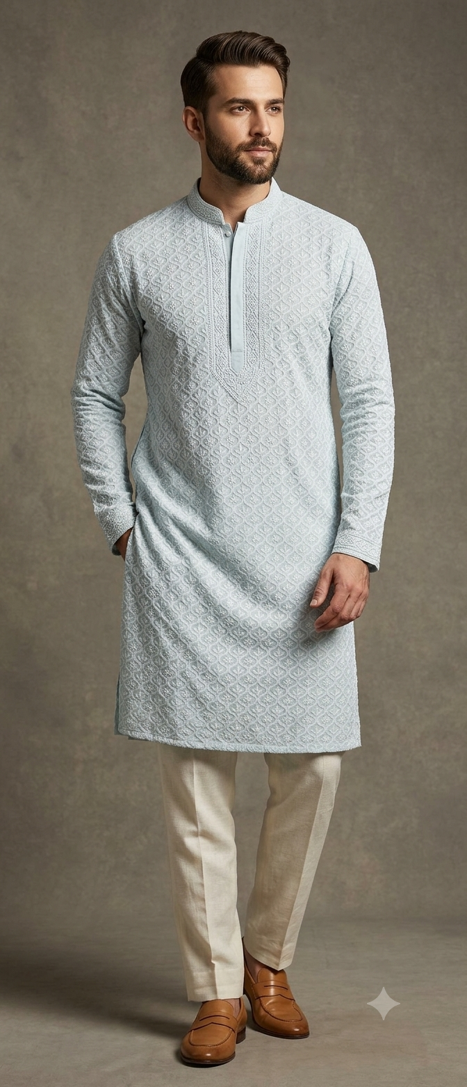 Blue Allover Chikankari Men's Kurta Fabric
