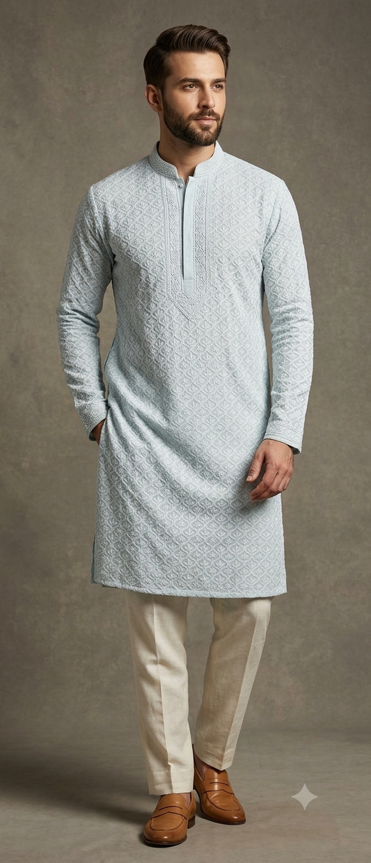 Blue Allover Chikankari Men's Kurta Fabric
