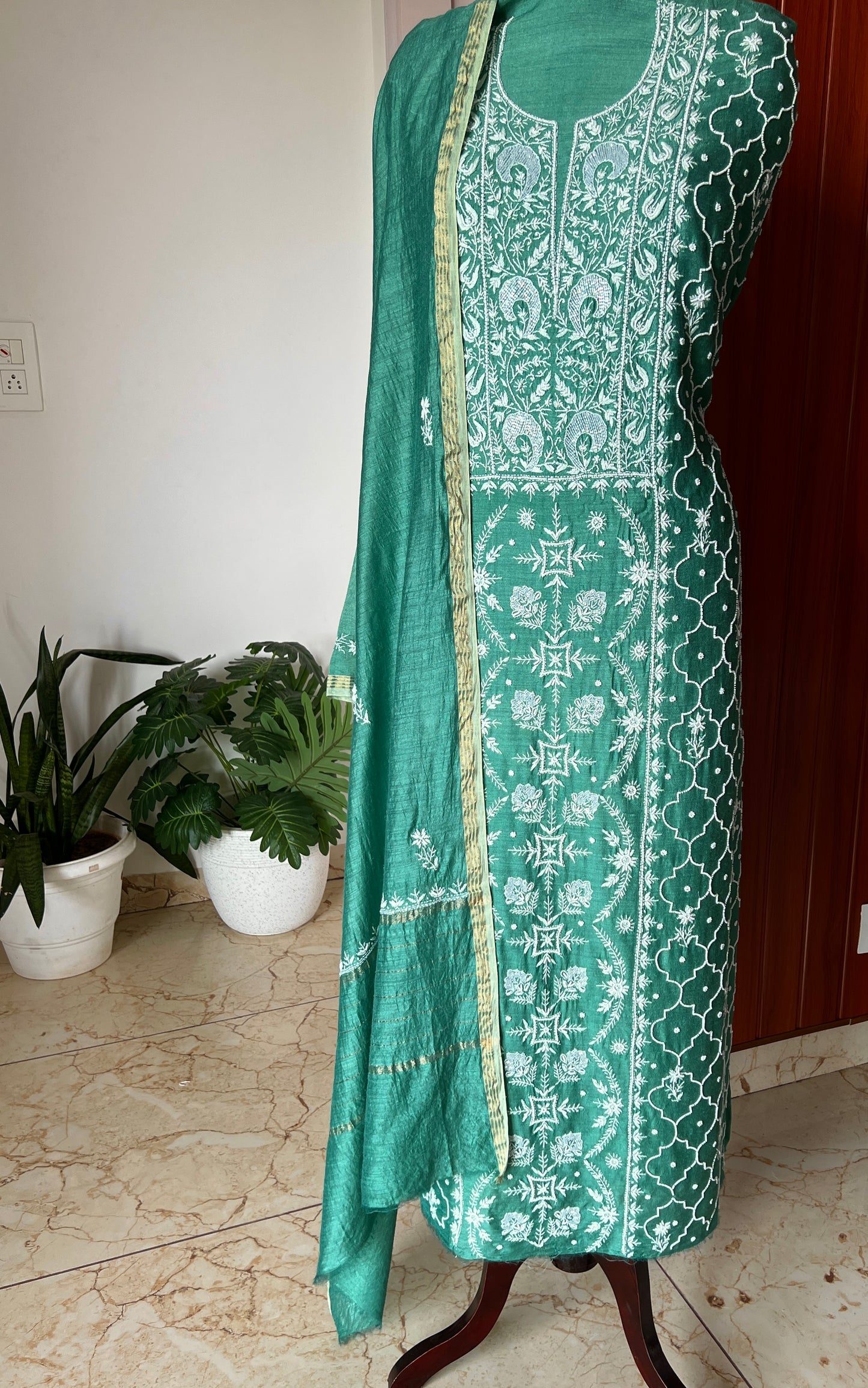 Moonga Silk Chikankari pearl and cut Dana work kurta and dupatta