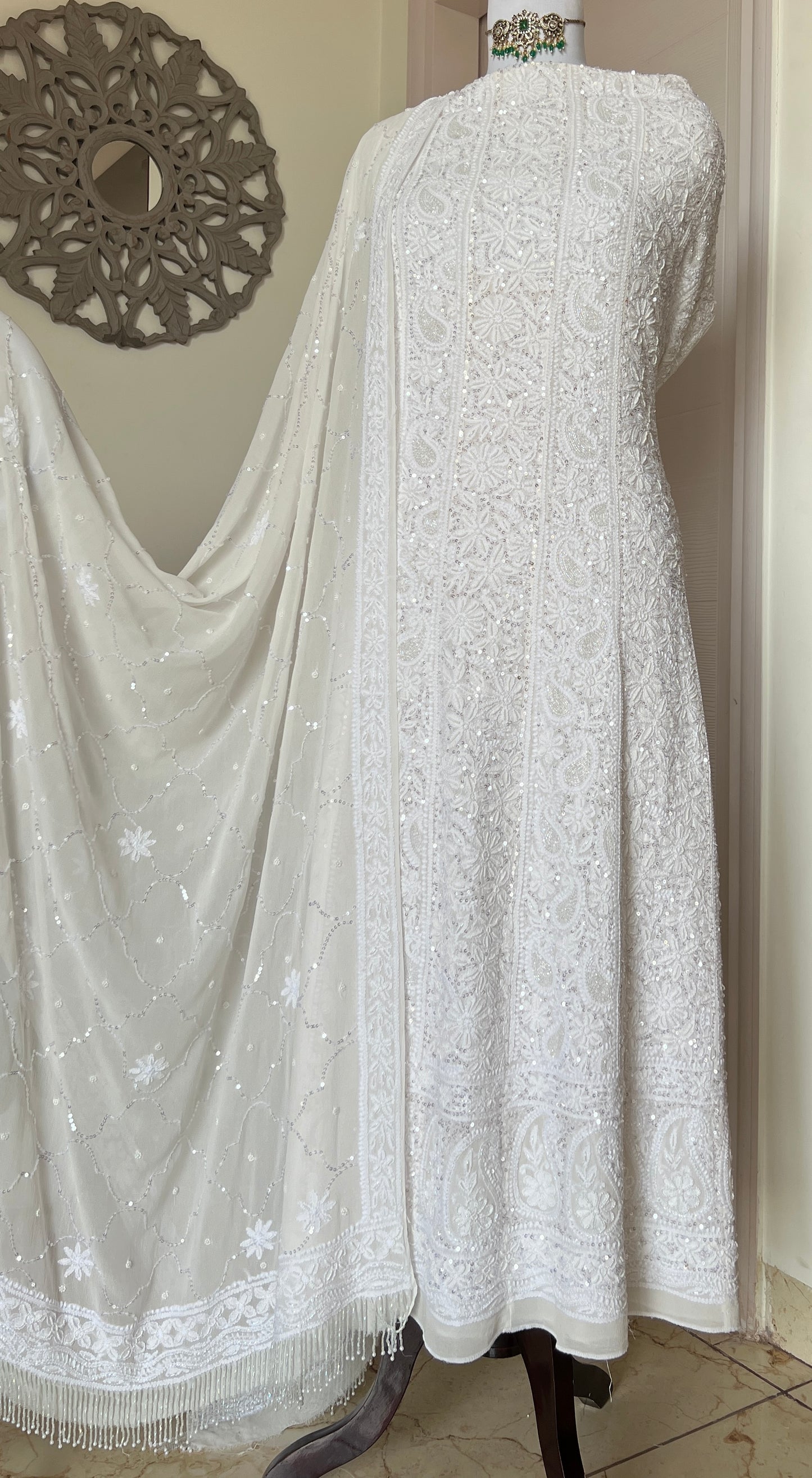 Ruhani Off white Chikankari sequins pearl cut Dana Anarkali