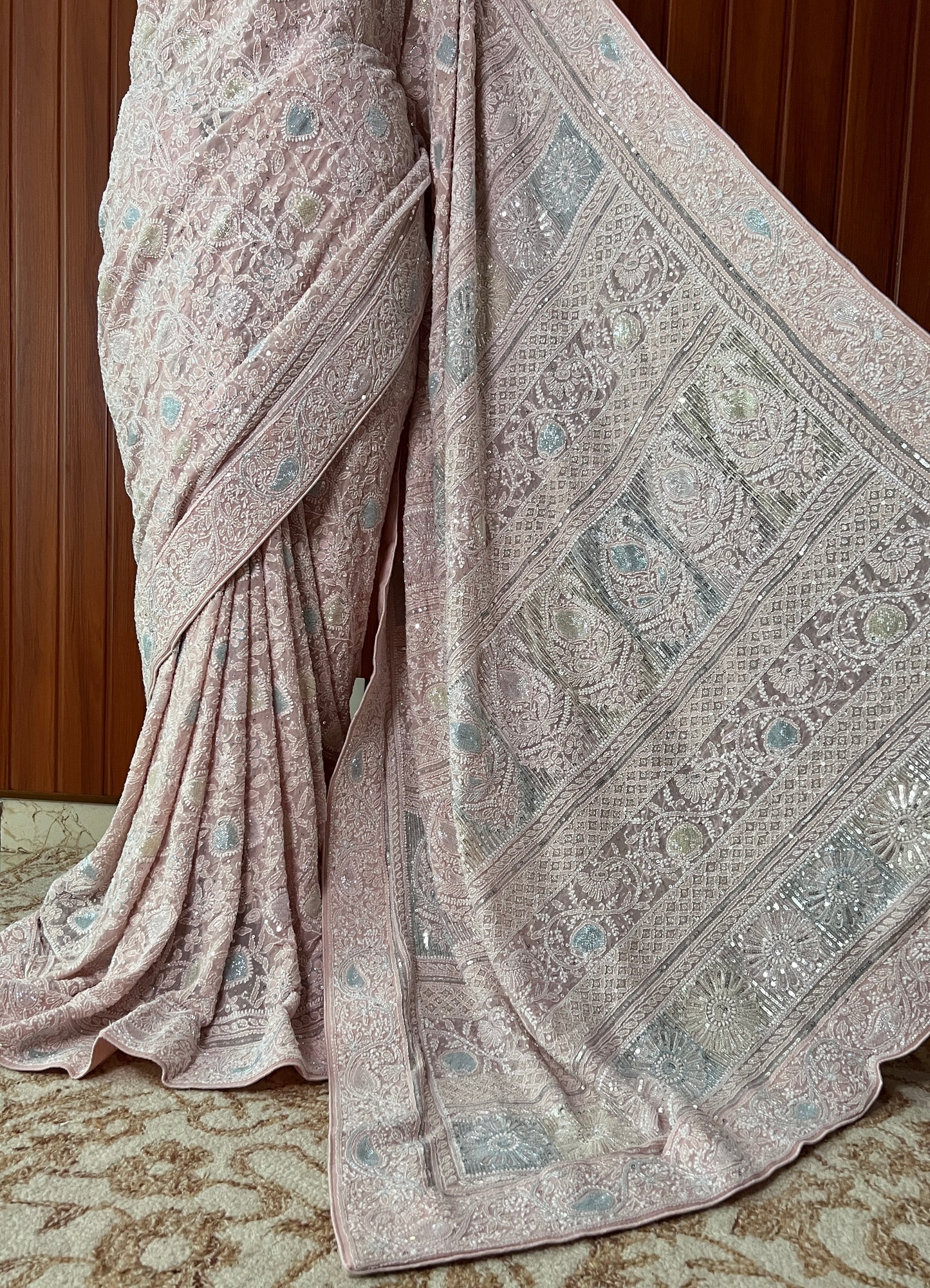 Ruhani Light Pink Chikankari Multi Cut Dana and Sequins Saree