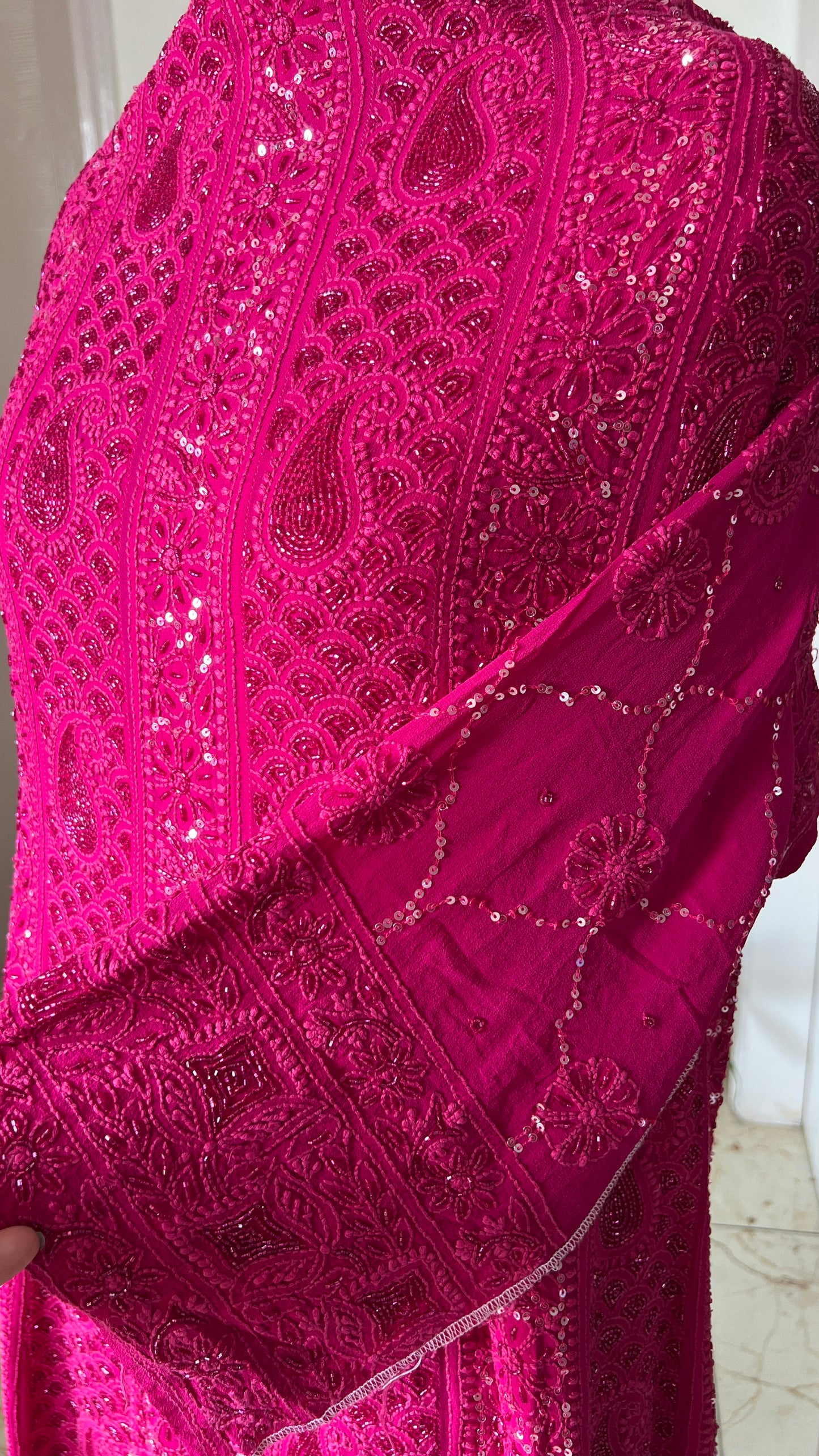 Ruhani Fuchsia Pink Chikankari sequins cut Dana Anarkali