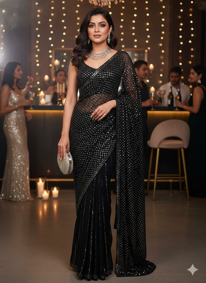 Ruhani Black Allover Mukaish Dana Pure Georgette Saree