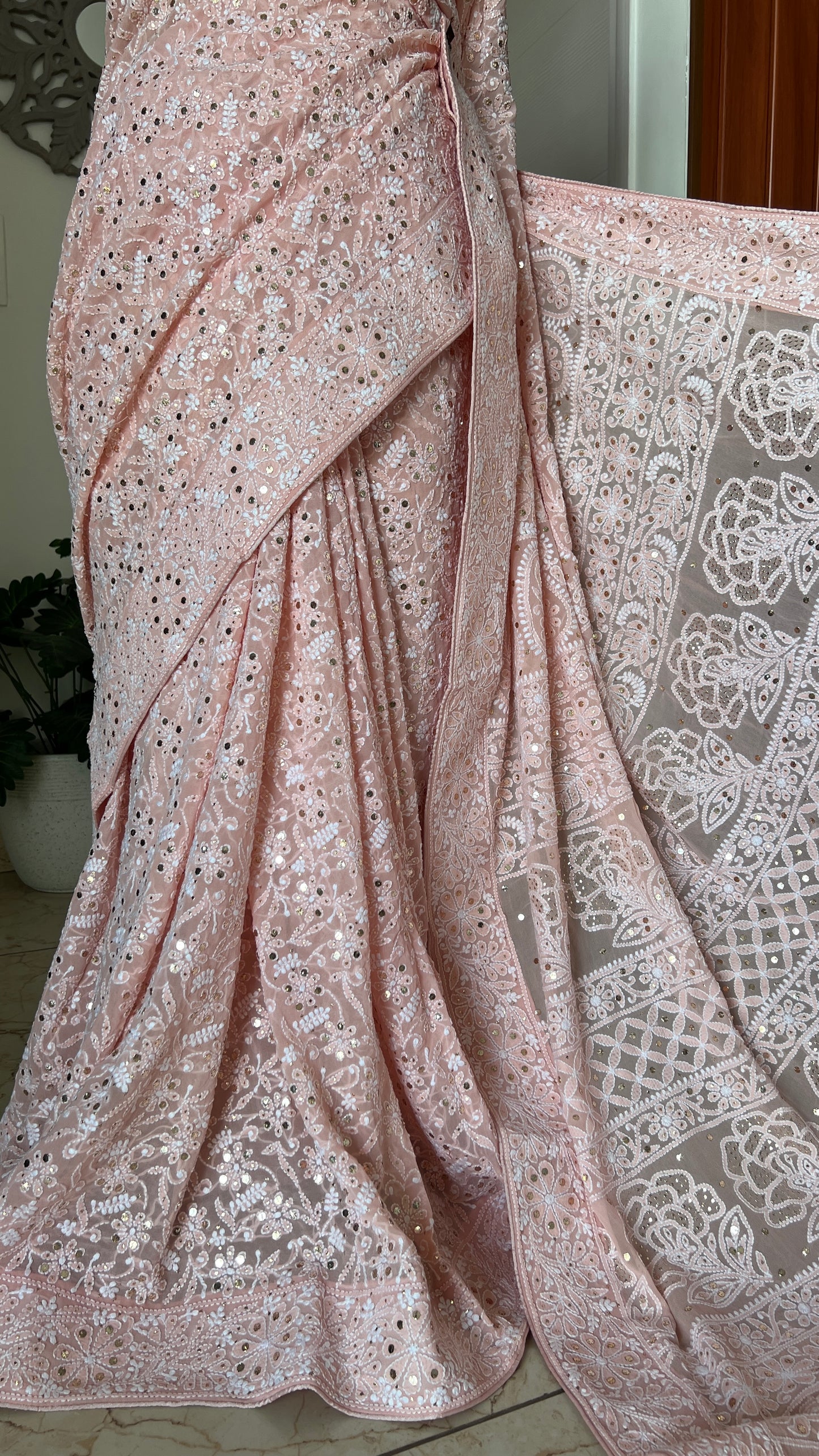 Ruhani Peachish Pink Allover Fine Chikankari and Mukaish Saree