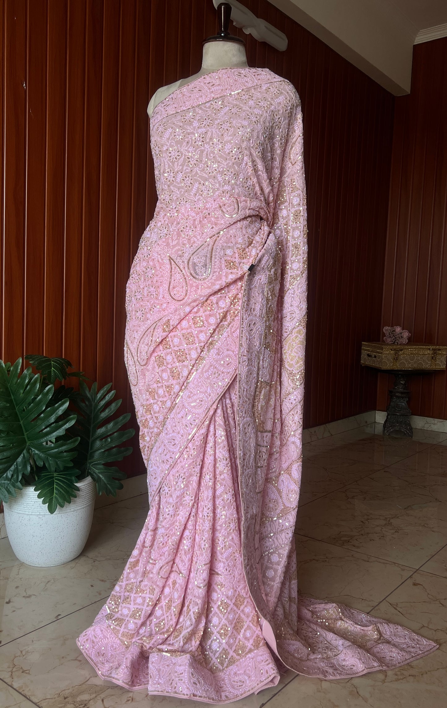 Ruhani Rose Pink Chikankari Sequins Cut Dana Embroidered Masterpiece Saree
