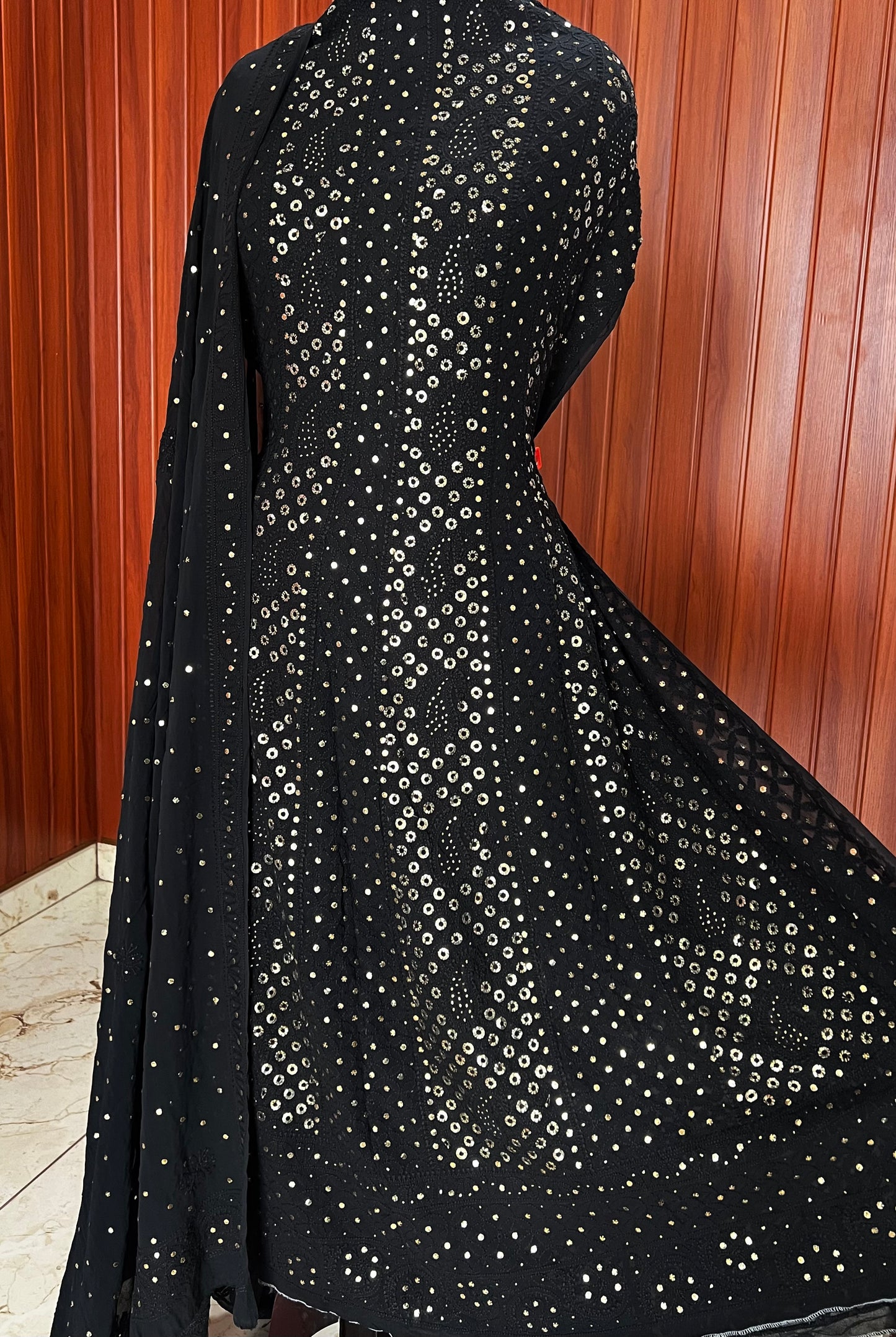 Ruhani Black Allover Chikankari and Heavy Ring Mukaish Anarkali with Dupatta