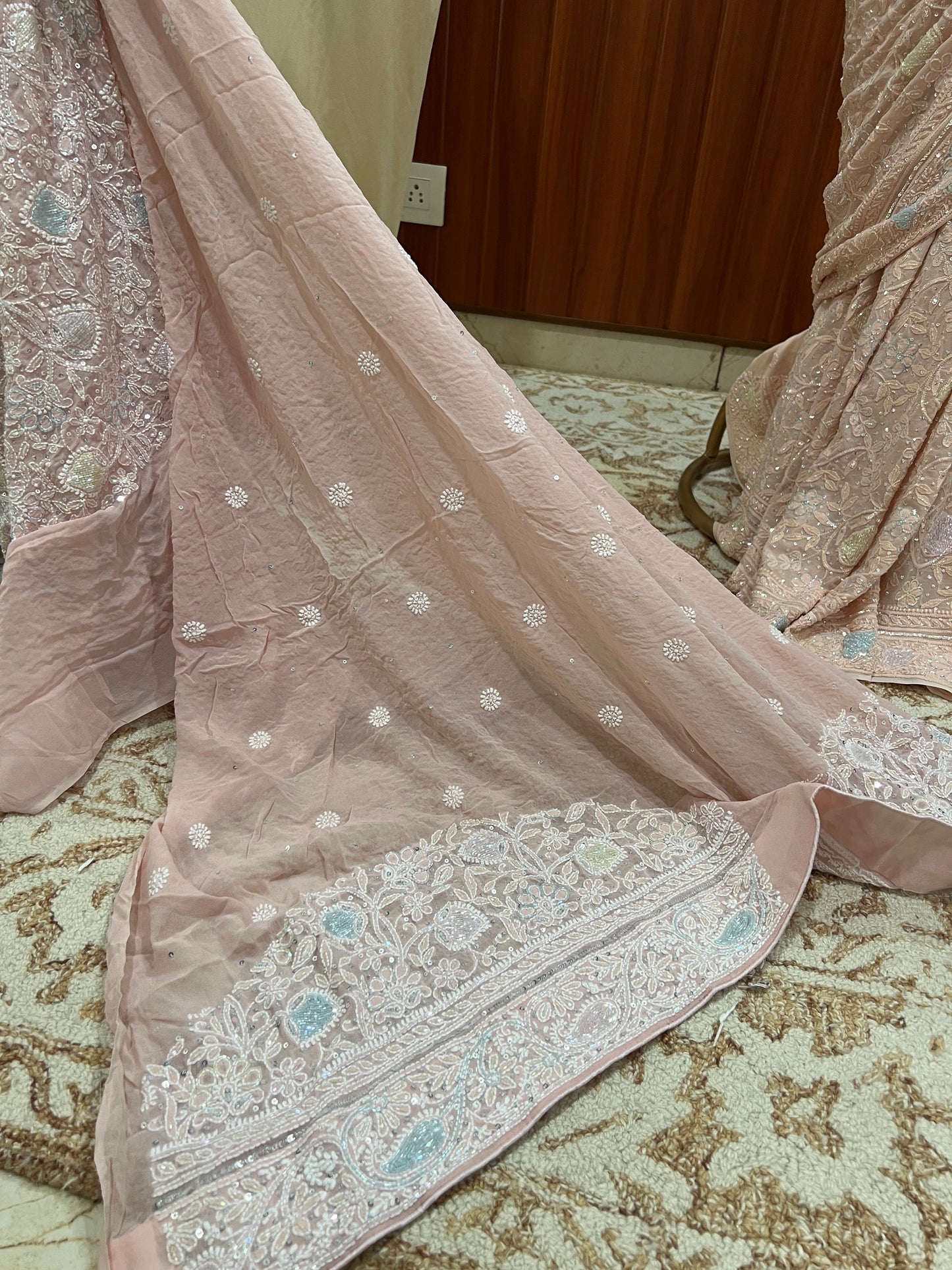 Ruhani Light Pink Chikankari Multi Cut Dana and Sequins Saree