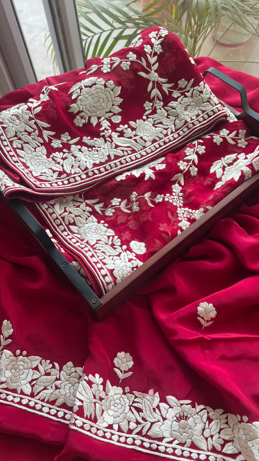 Ruby Red Masterpiece Hand Embroidered Parsi Gara full Suit