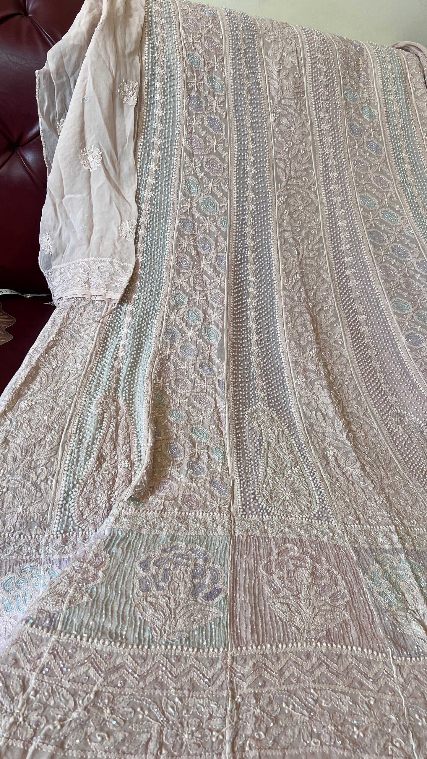 Nude Pink Chikankari Pearl and Cut Dana Embroidered Anarkali with Dupatta