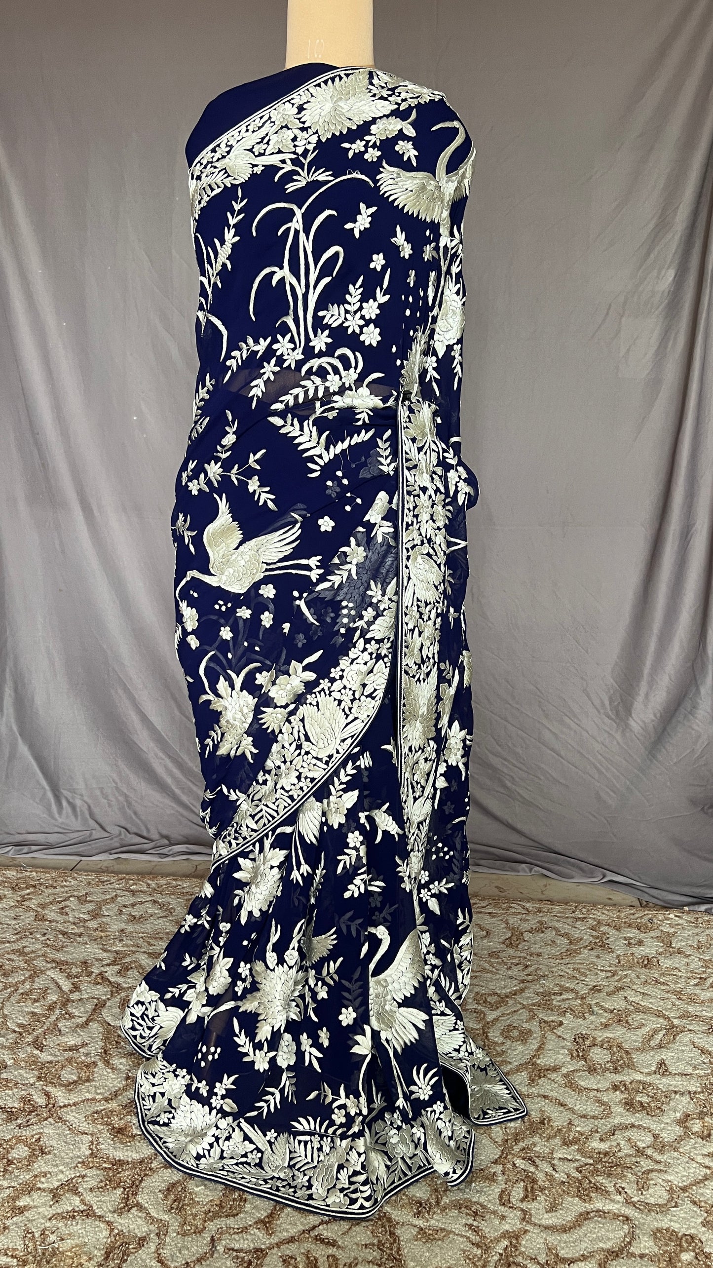 Navy Blue Masterpiece Parsi Gara Pure Georgette Saree