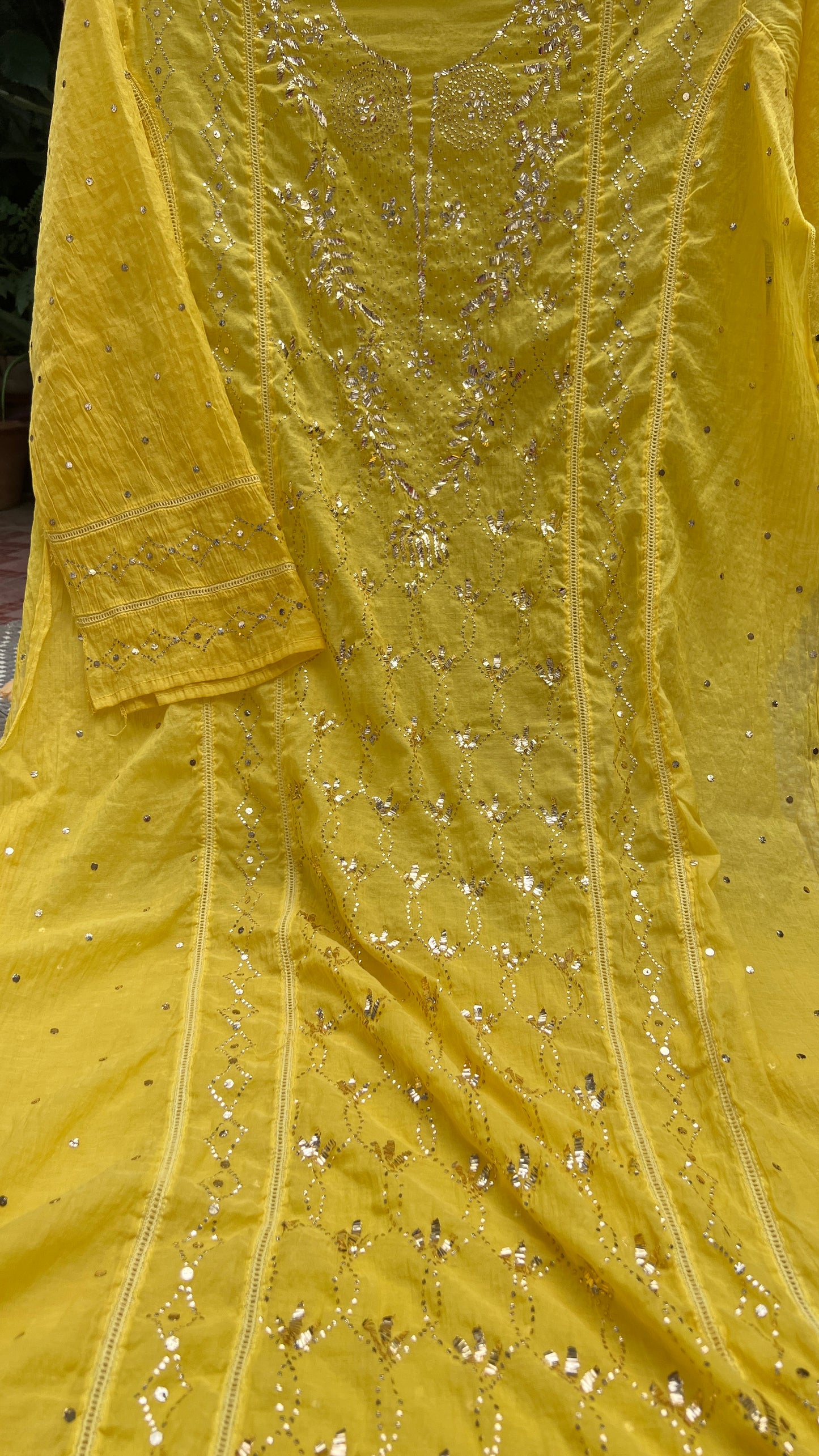 Yellow Mukaish work Mul Chanderi kurta with dupatta