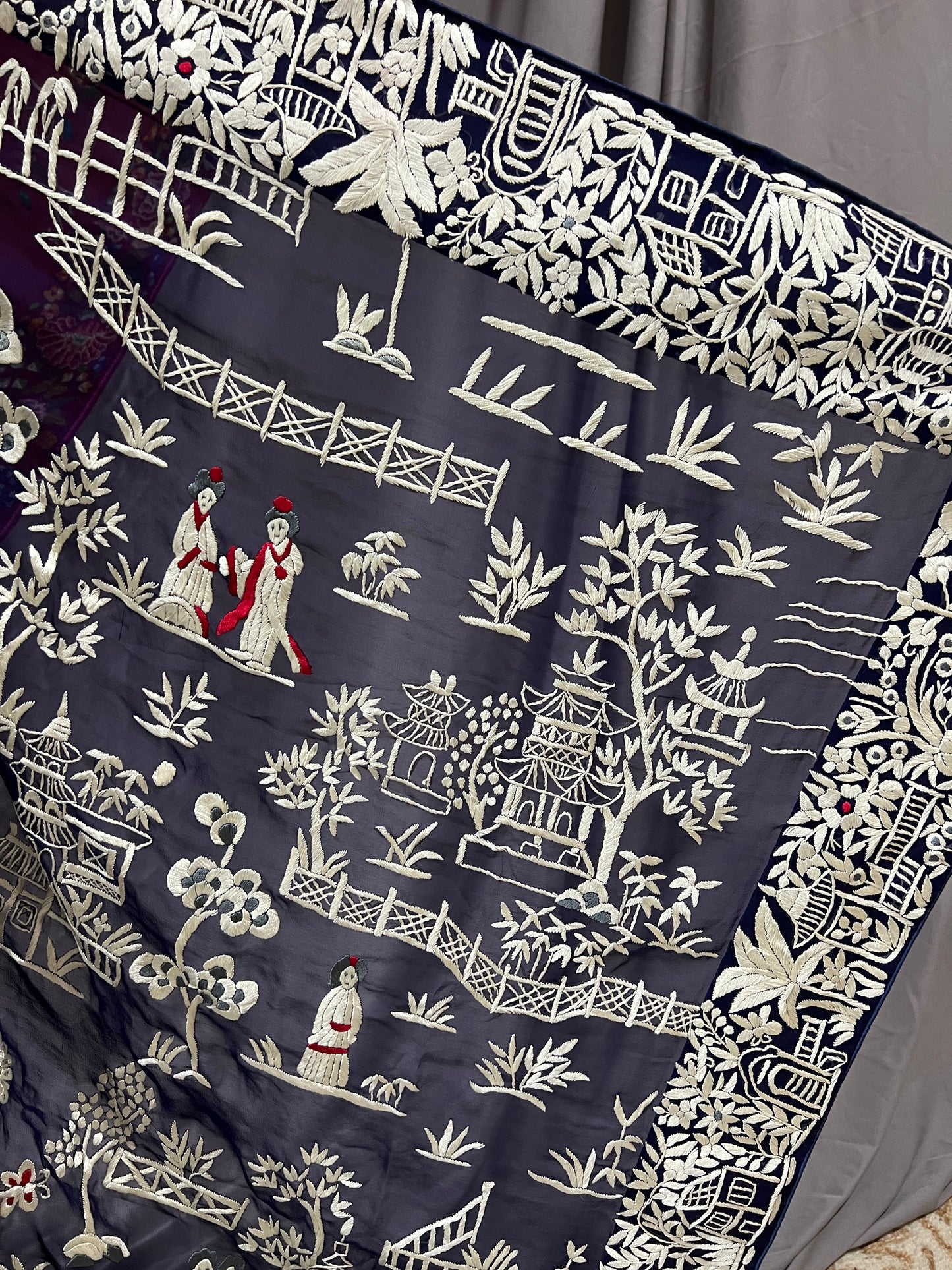 Navy Blue Masterpiece Chinese pattern Parsi Gara Pure Georgette Saree