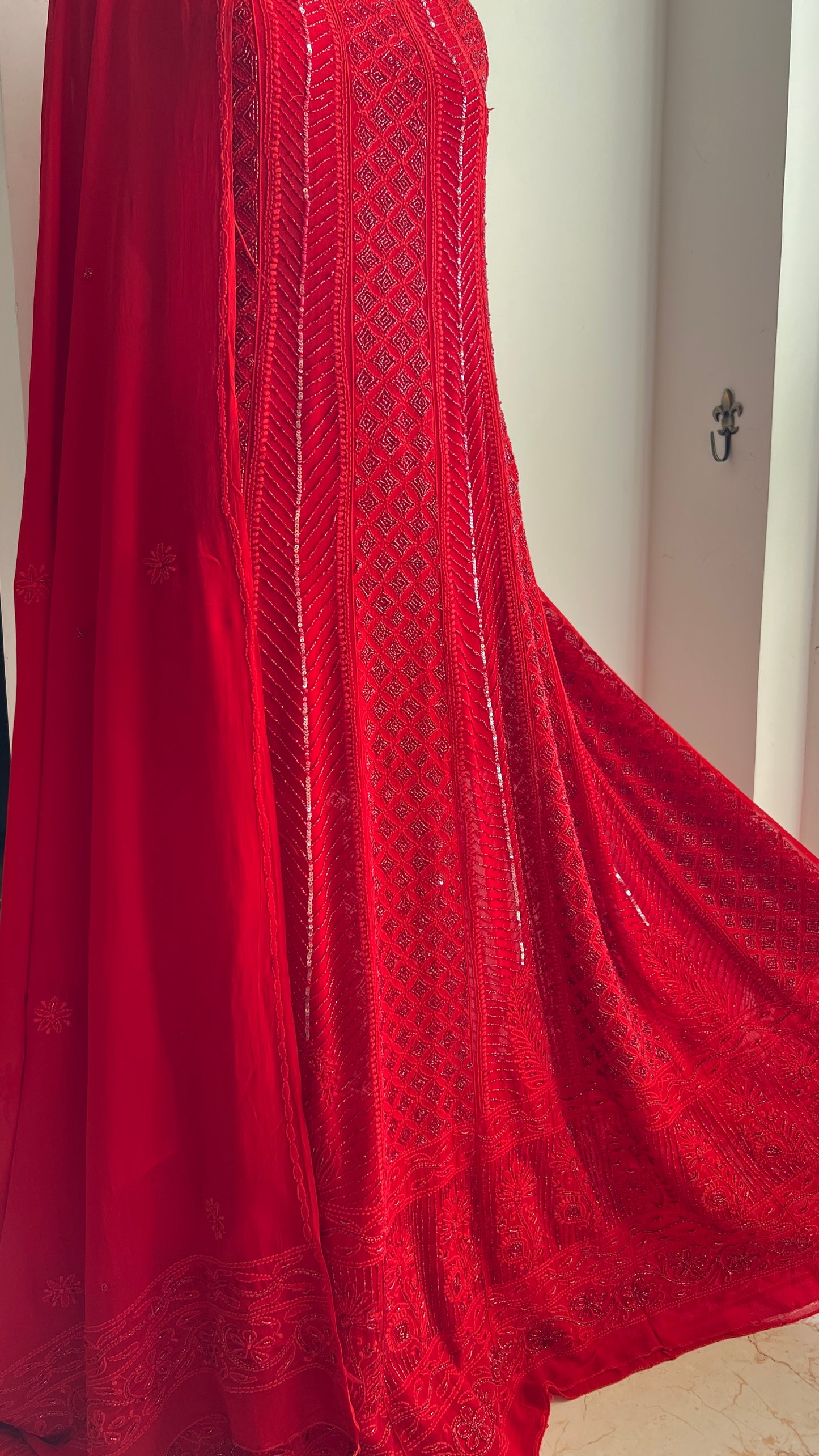 Red Chikankari Cut Dana and sequins Anarkali with Dupatta