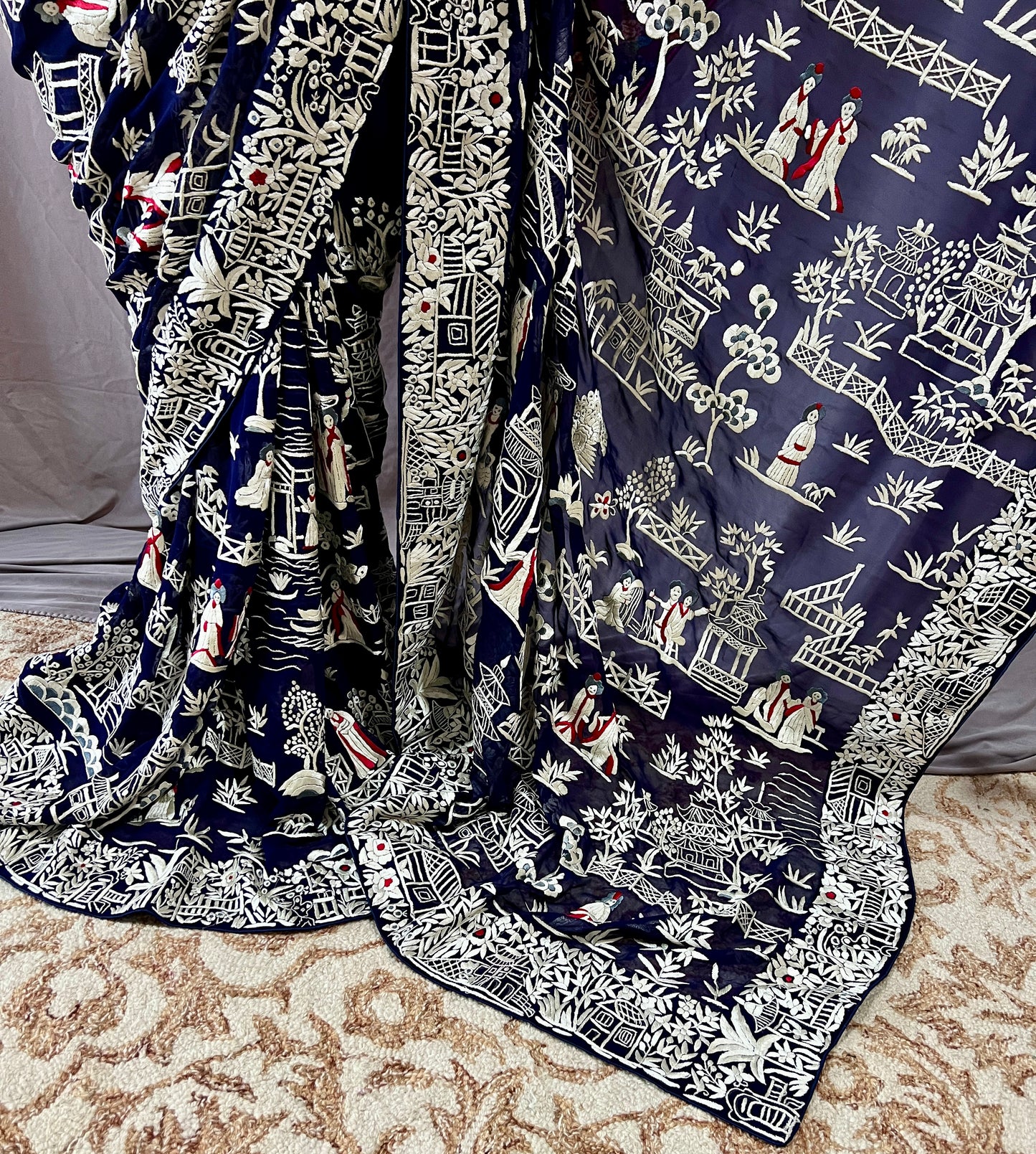 Navy Blue Masterpiece Chinese pattern Parsi Gara Pure Georgette Saree