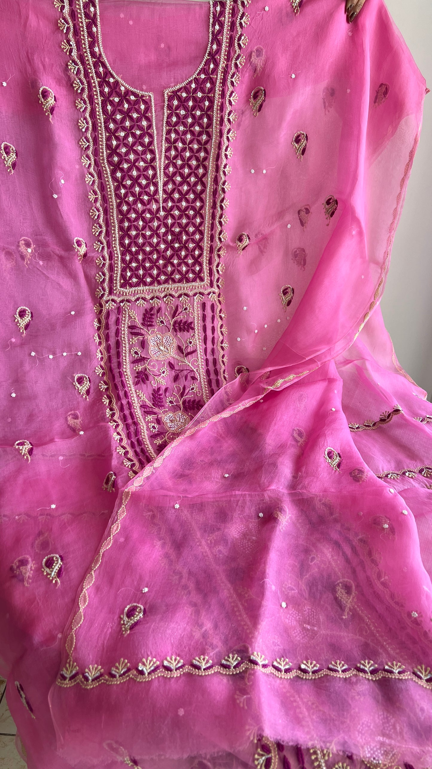Mauvish pink Chikankari pearl sequins pure Organza kurta with dupatta