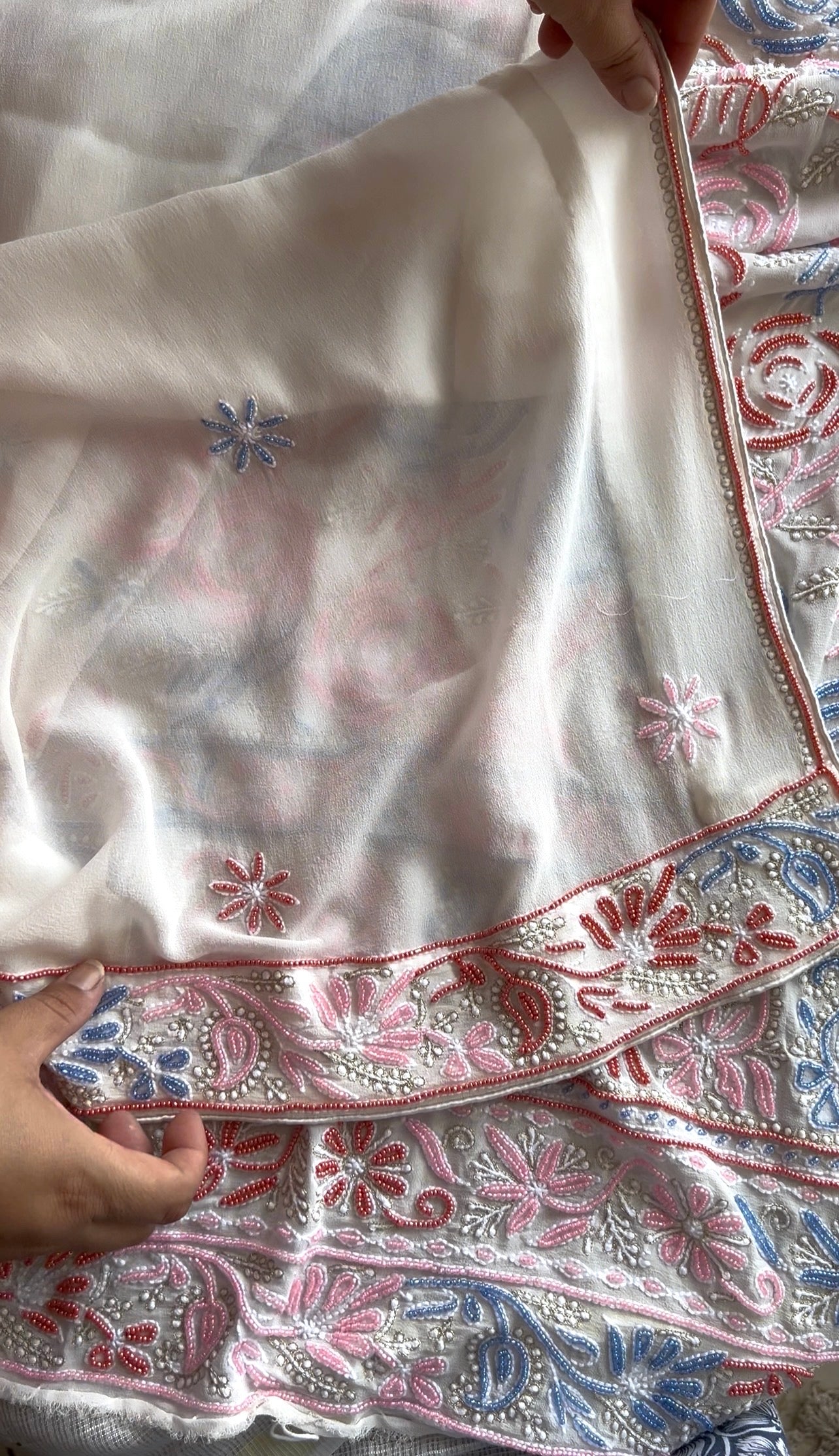 Ivory Chikankari and multicolored Beads Embroidered Kurta and Dupatta