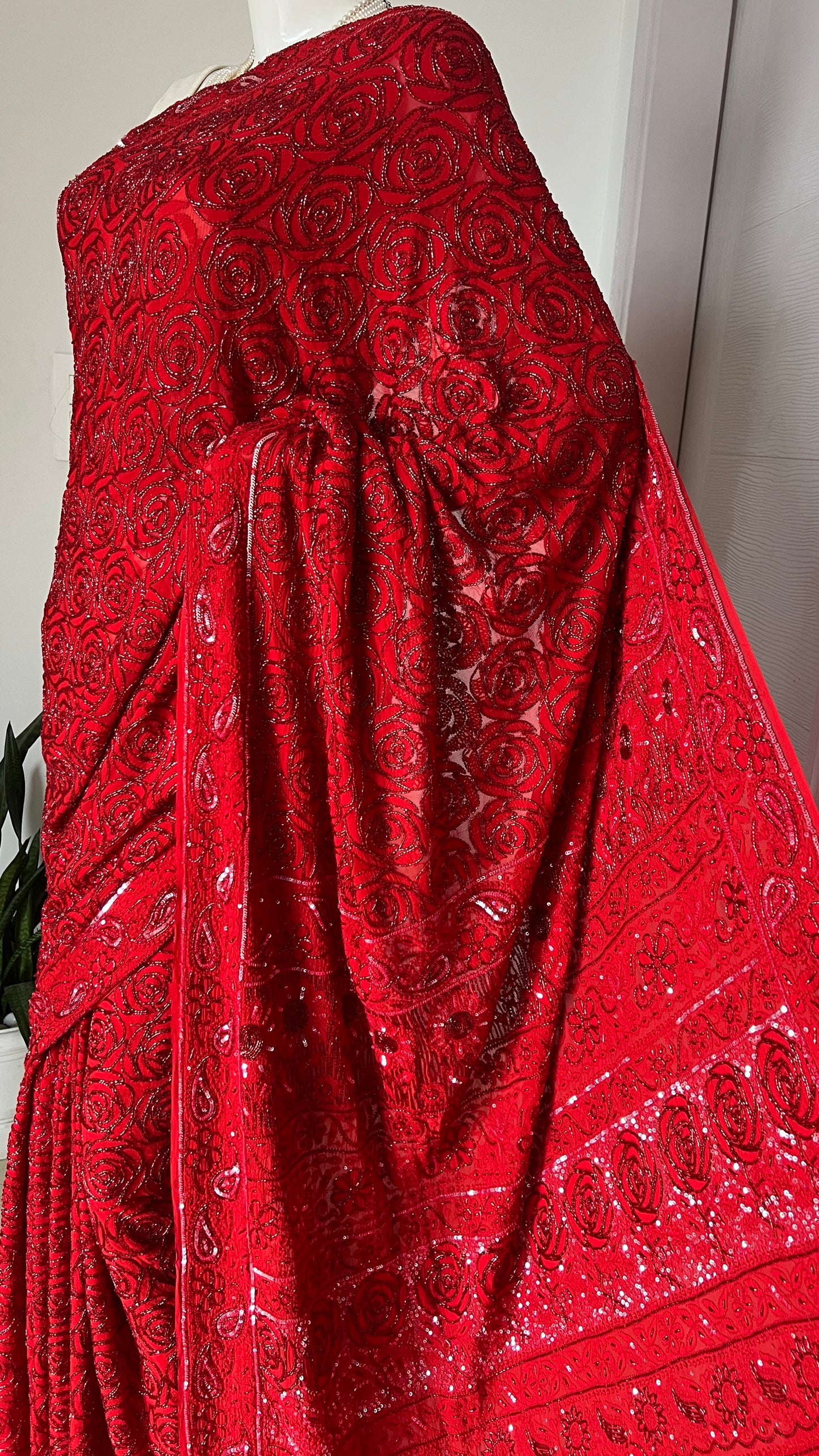 Red Gulaab Masterpiece Chikankari Cut Dana Sequins Saree