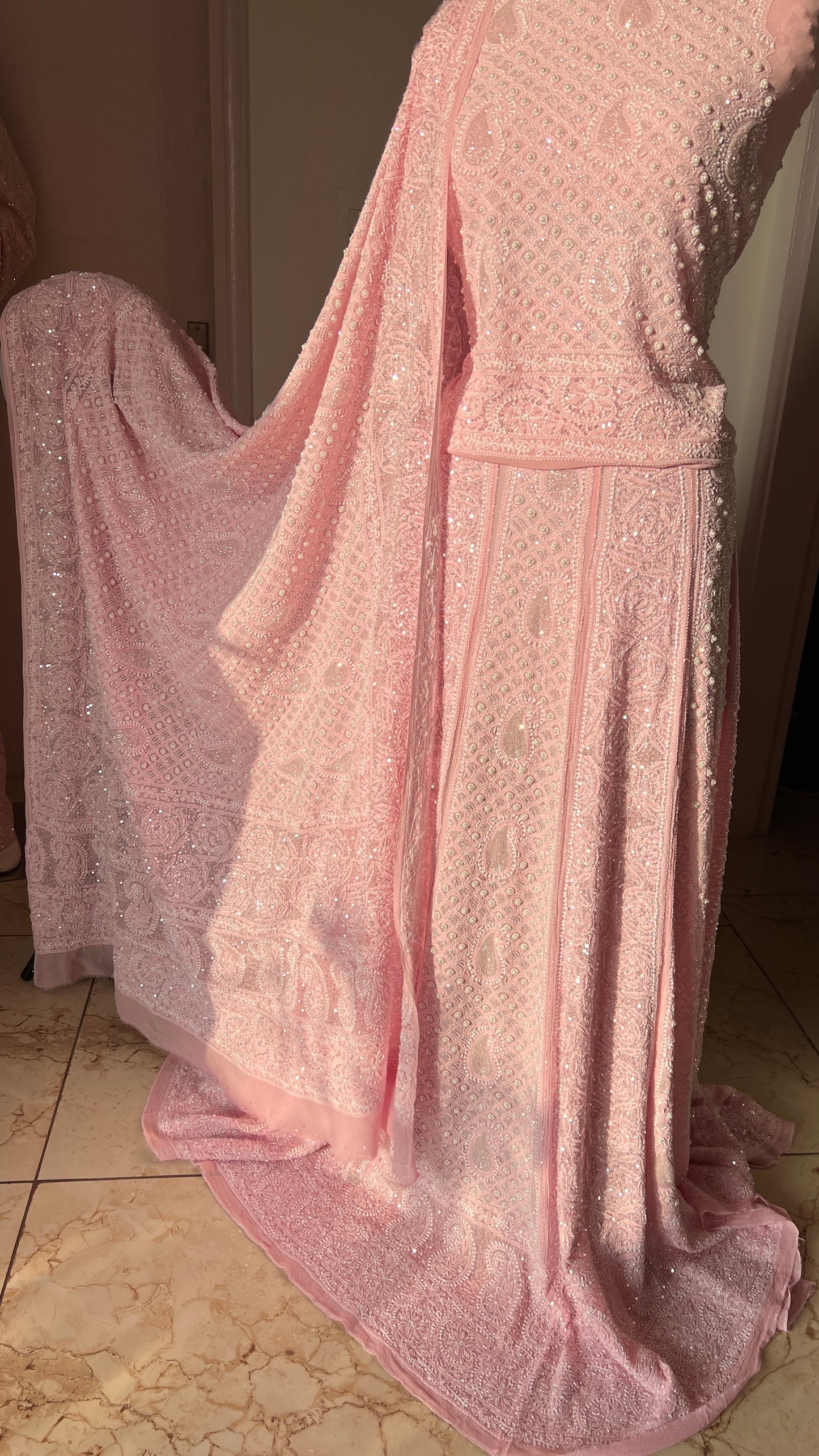 Ruhani Pink Chikankari Pearl Cut Dana Sequins Wedding Lehenga