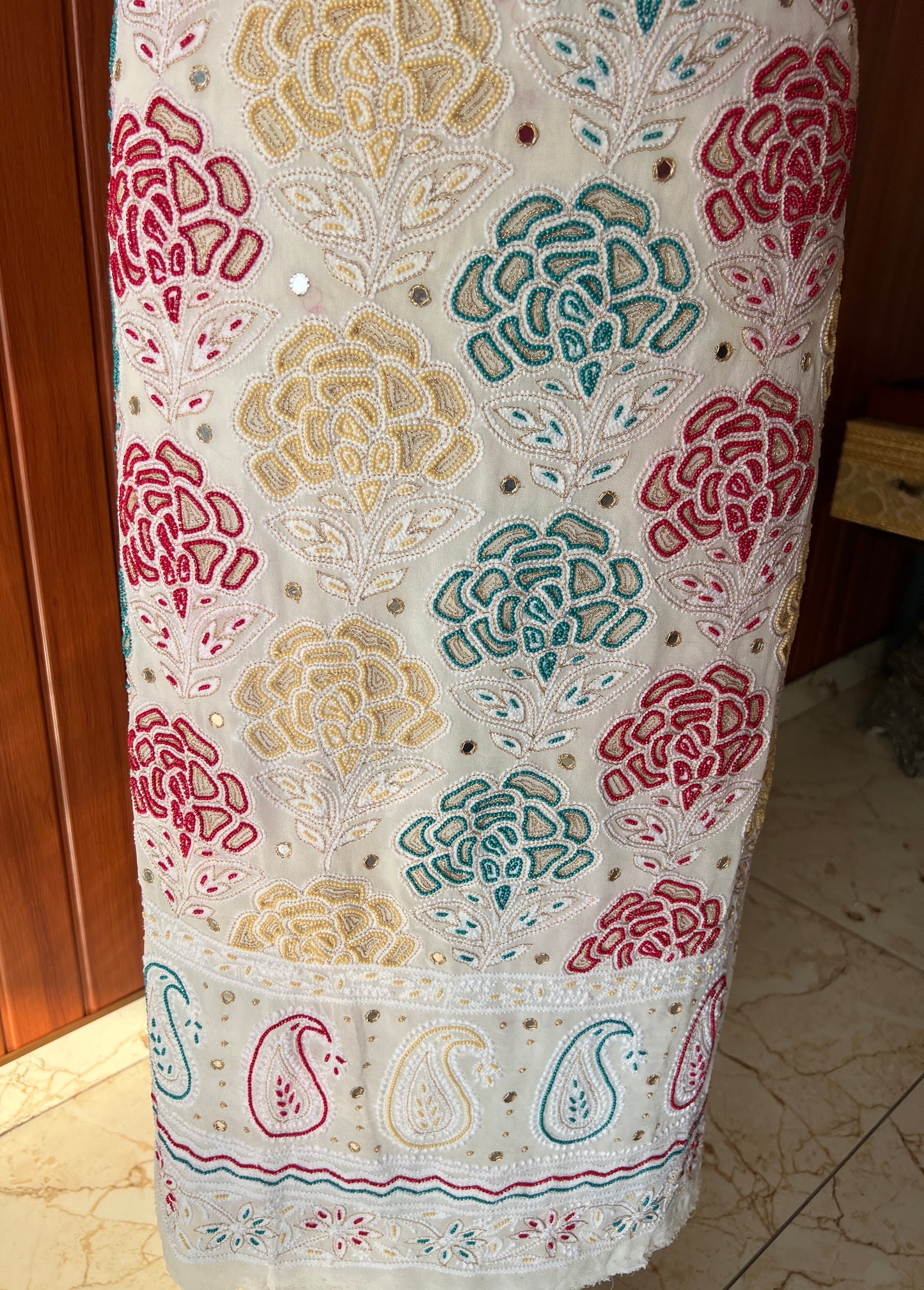 Ivory Chikankari and multicolored Pearl Embroidered Kurta and Dupatta