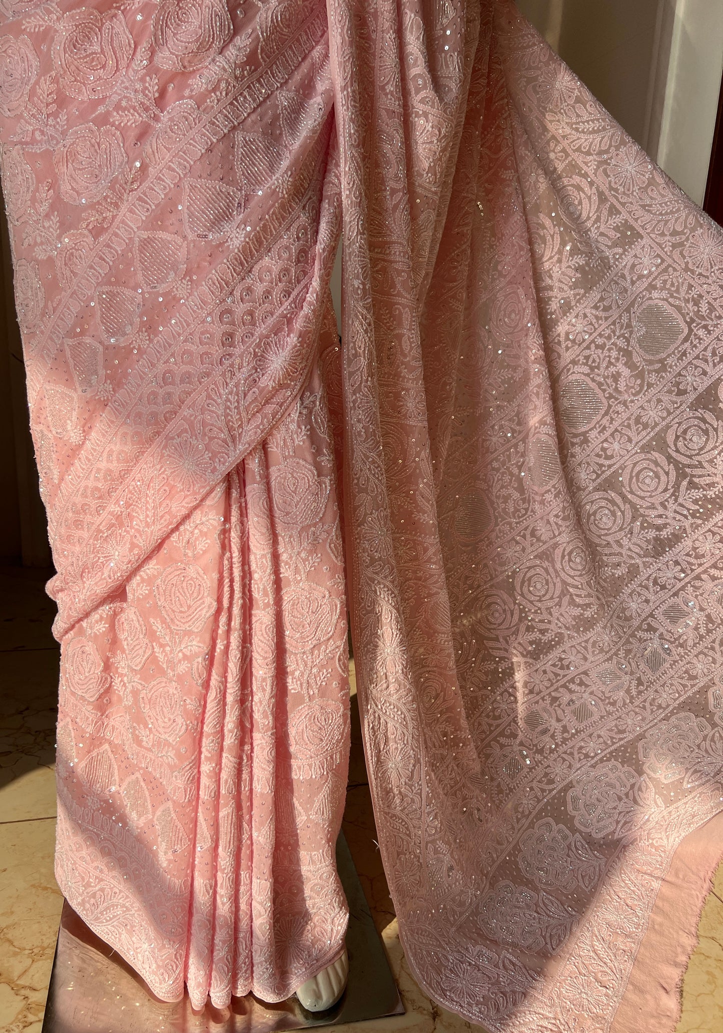 Ruhani Blush Pink Chikankari Cut Dana and Sequins Saree