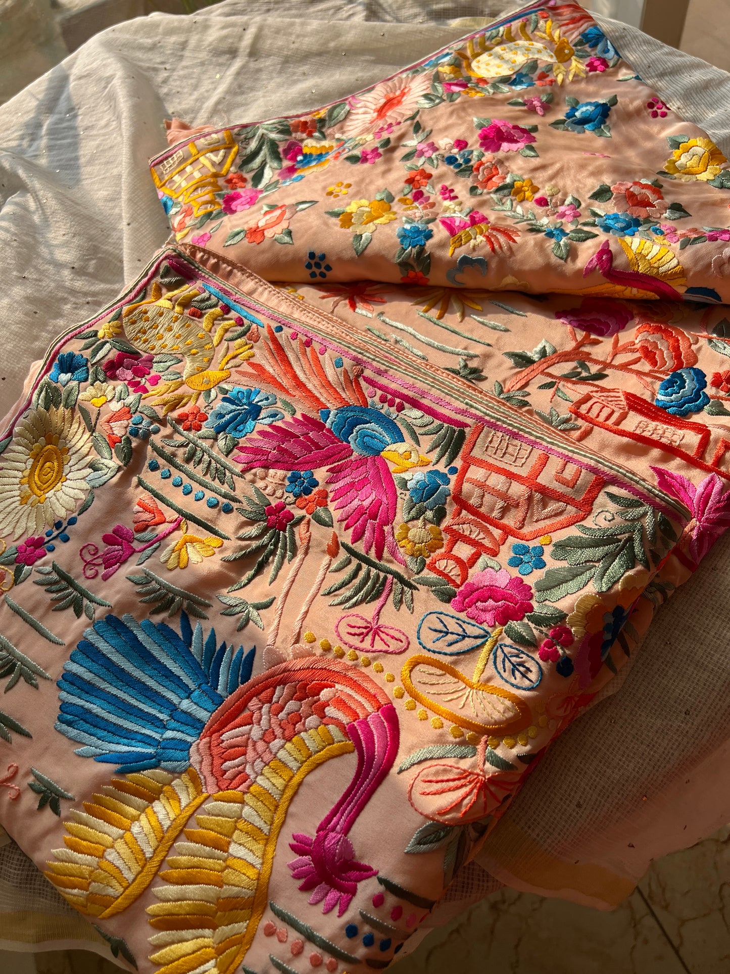 Flora and Fauna Parsi Gara Allover Hand Embroidered Saree on Pure Crepe