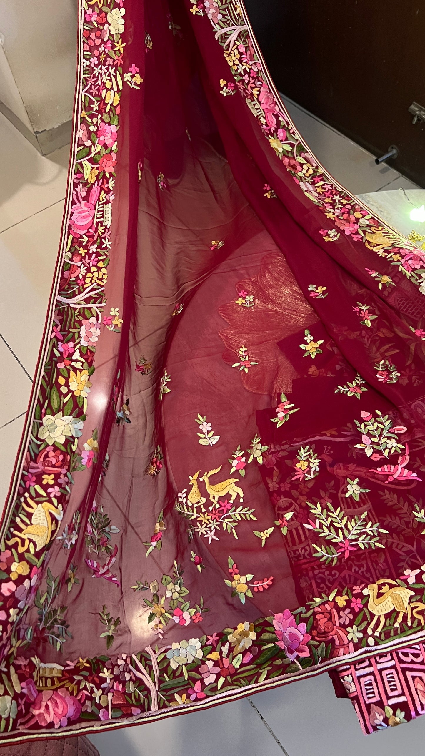 Maroon Masterpiece Hand Embroidered Parsi Gara kurta set