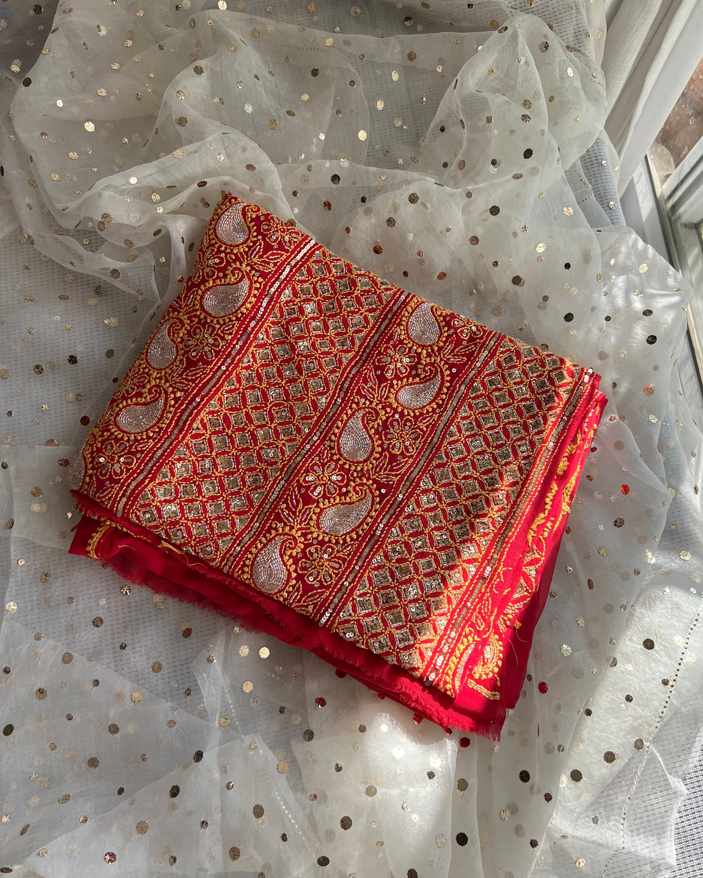 Ruhani Red Chikankari golden cut dana sequins kurta and dupatta